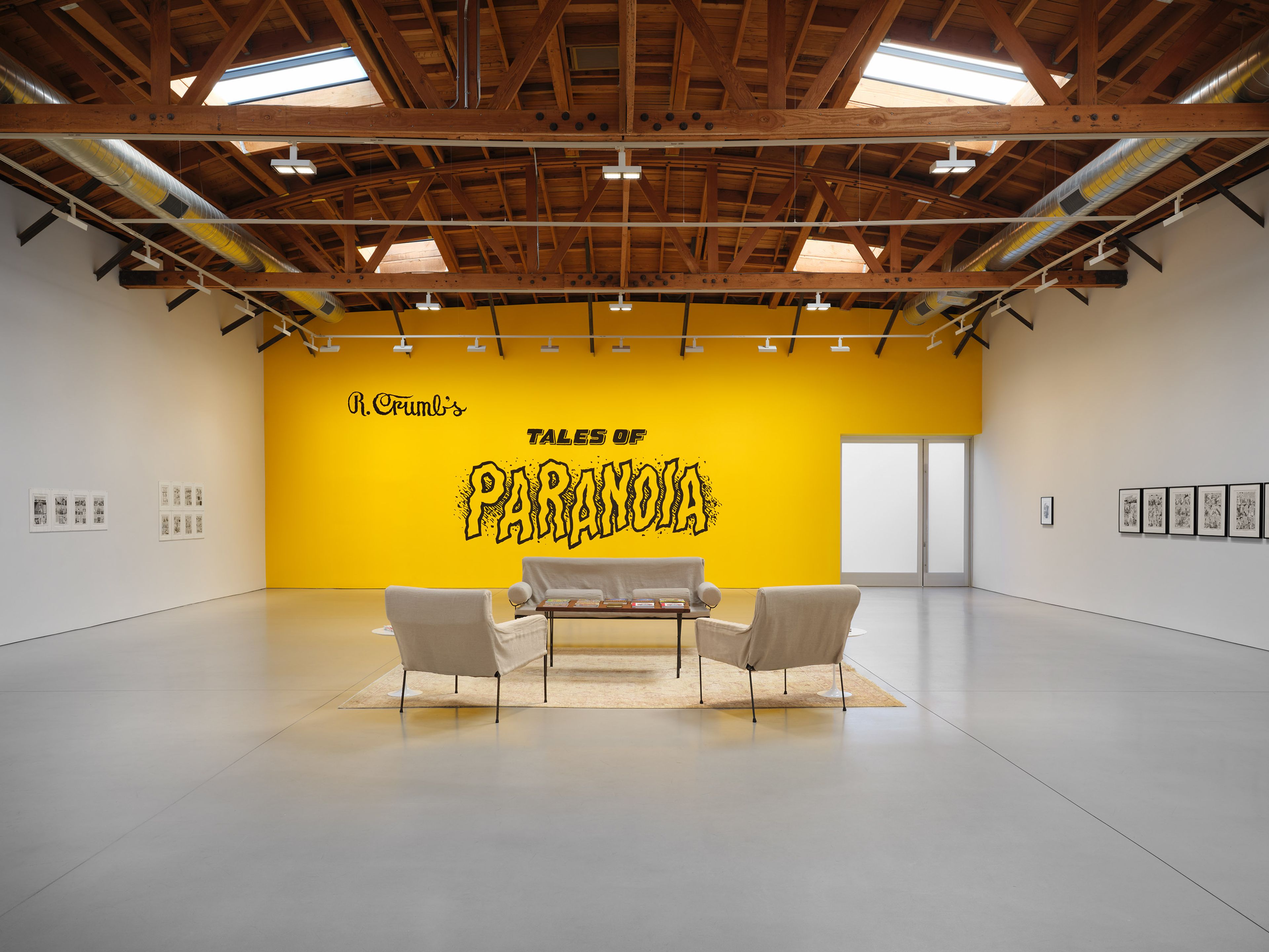 An installation view of the exhibition, R. Crumb: Tales of Paranoia, at David Zwirner in Los Angeles, dated 2025.