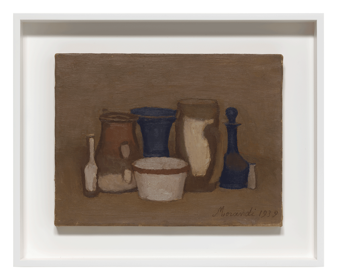 An oil painting on canvas by Giorgio Morandi, titled Natura morta (Still Life), dated 1939.