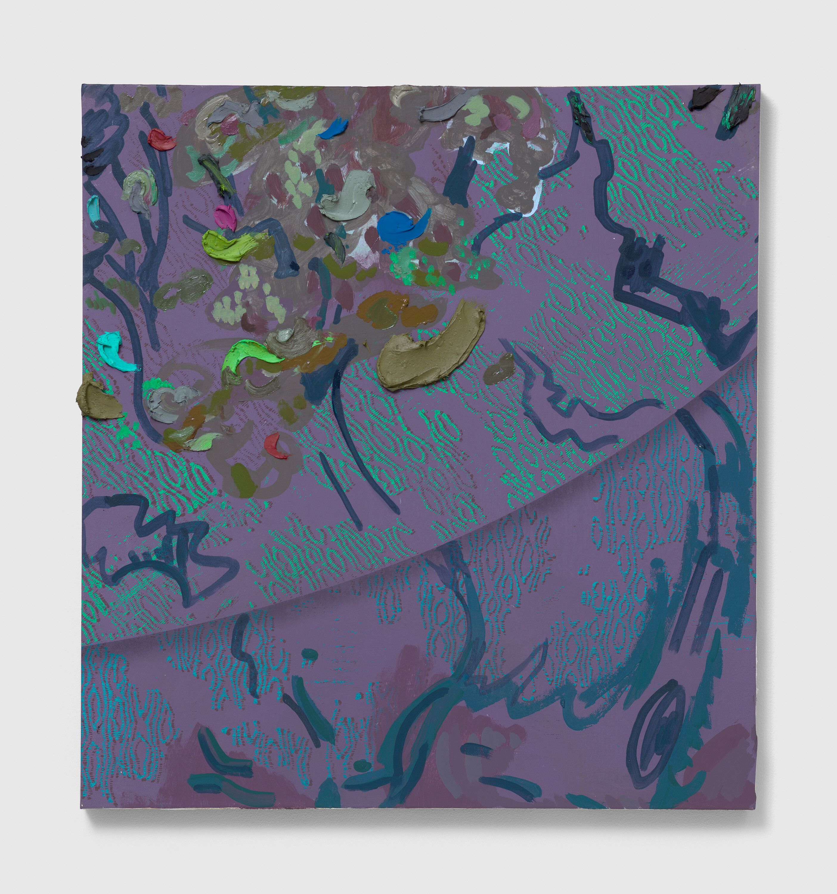 An untitled acrylic on linen painting by Laura Owens, dated 2022.