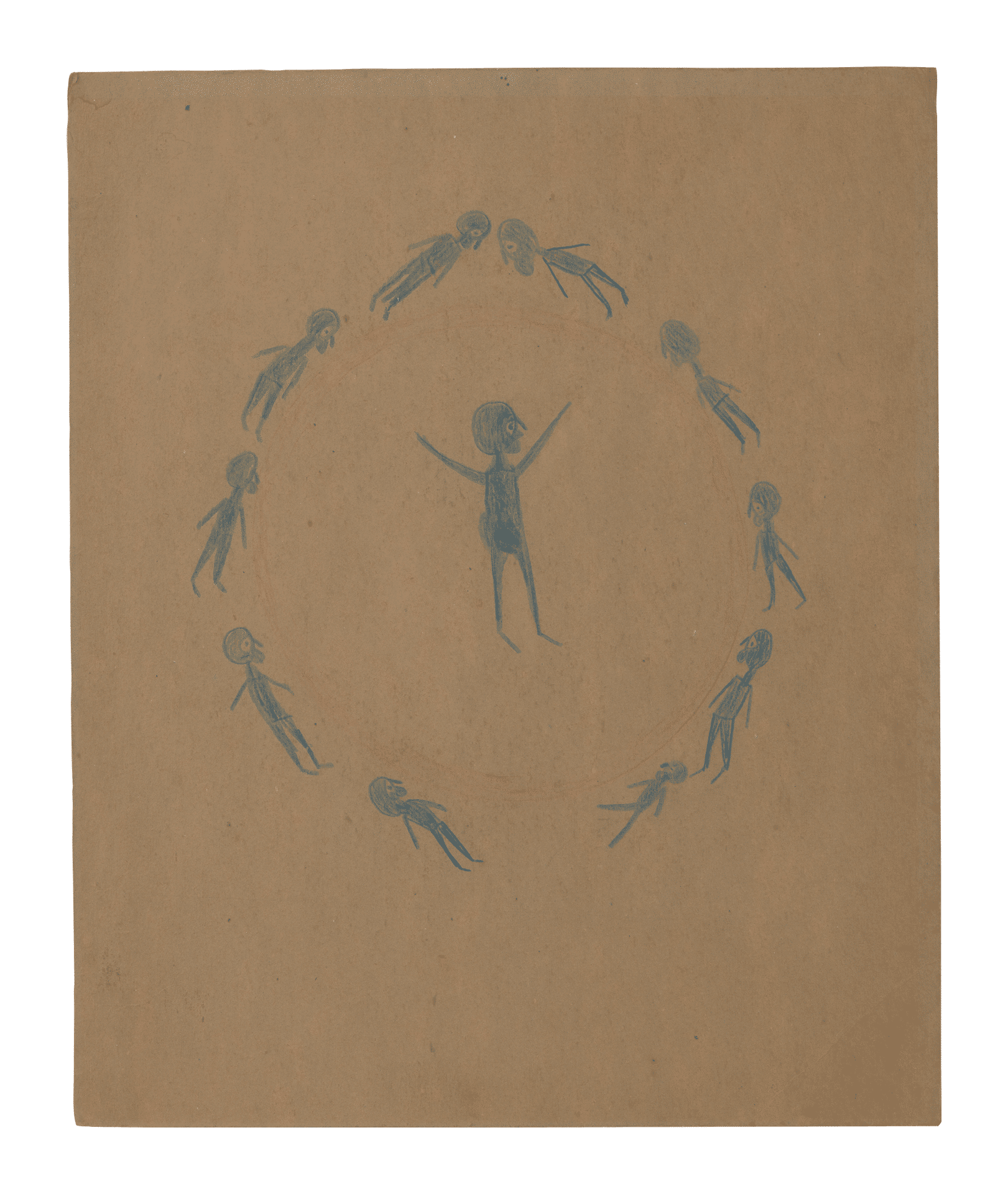 A mixed media work on cardboard by Bill Traylor, titled Preaching in Circle with Figures, circa 1939 to 1940.