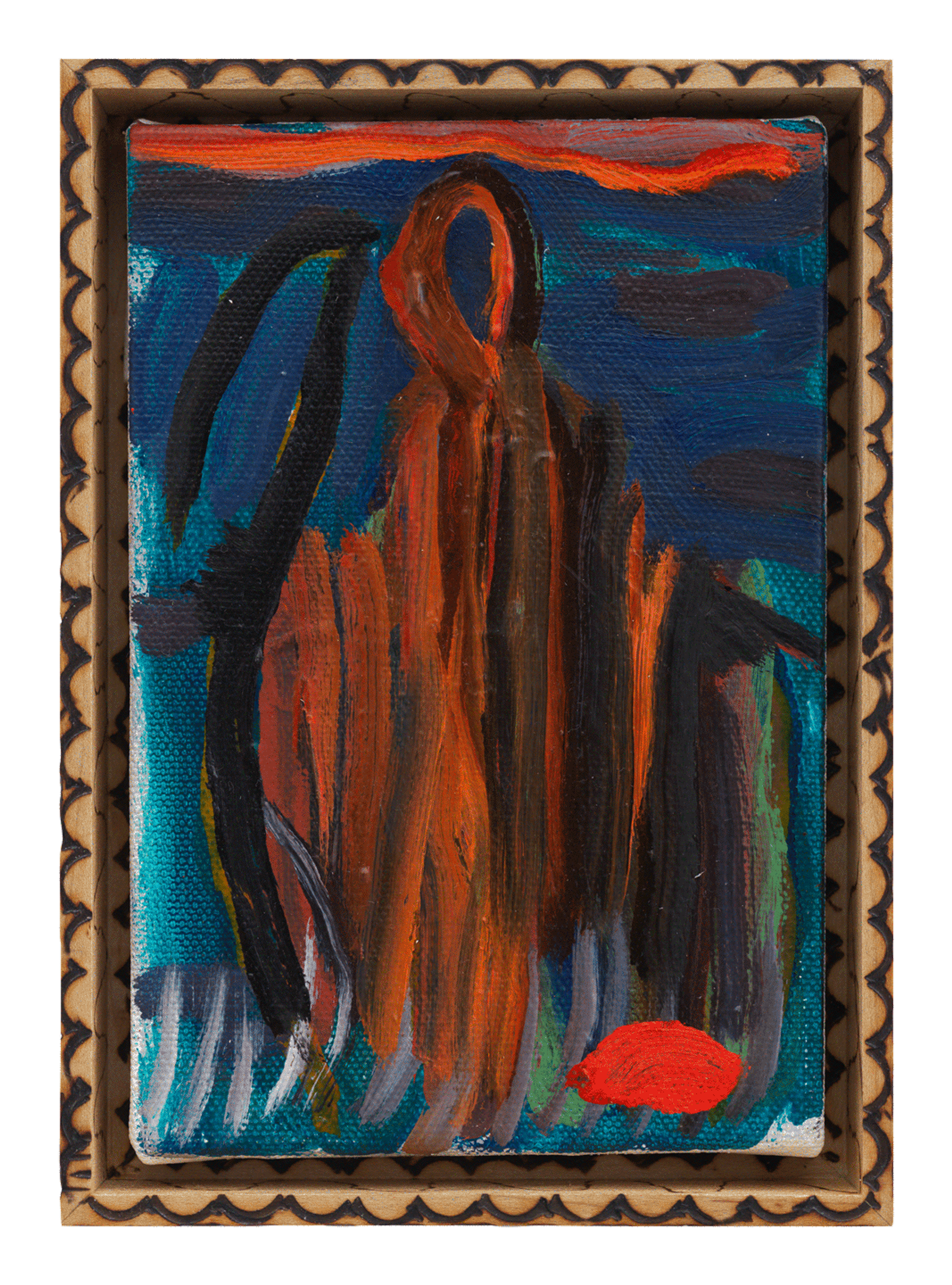 An oil painting on canvas in artist's frame by Josh Smith, titled Small Reaper, dated 2019.