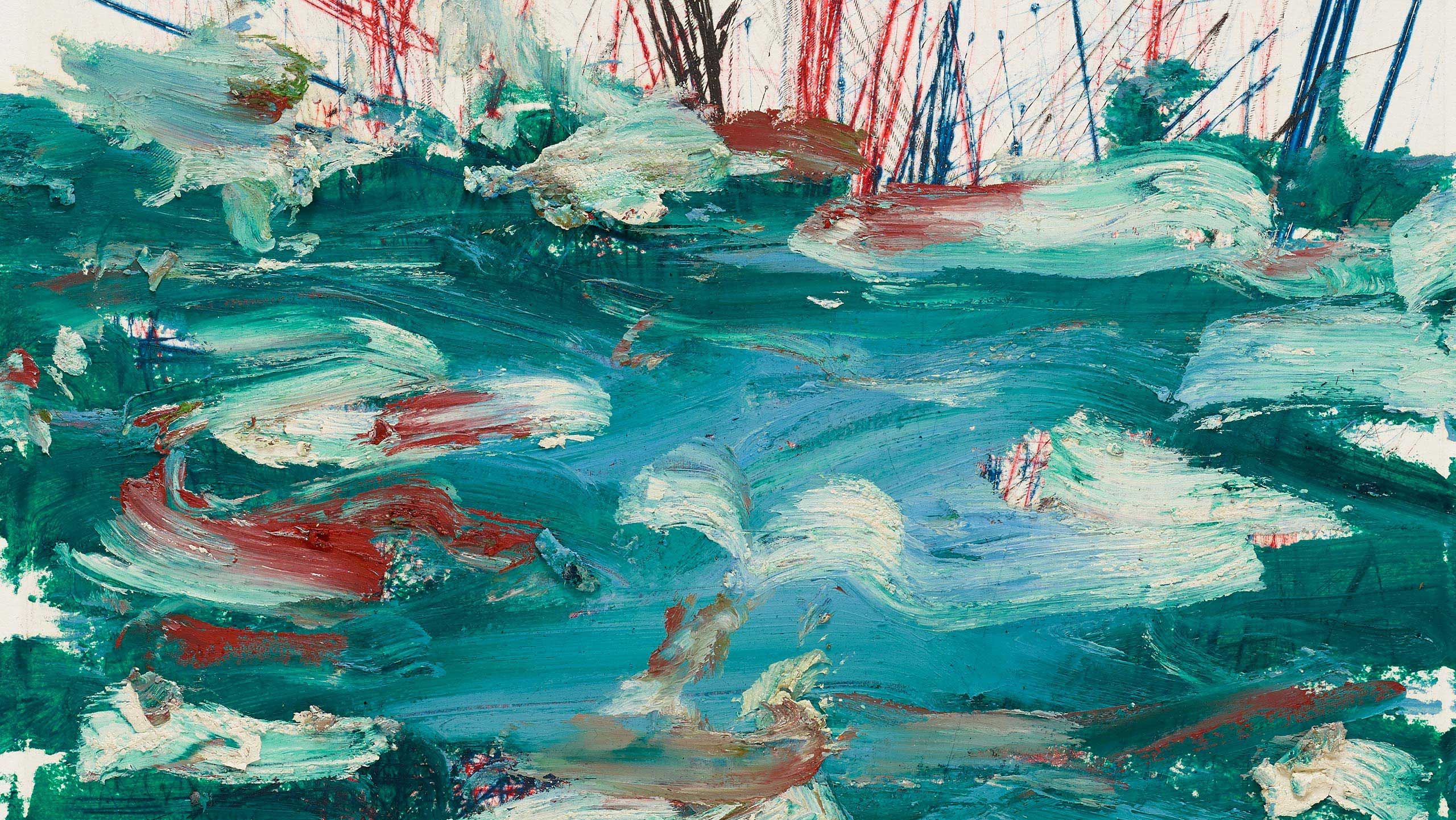 A detail of a painting by Oscar Murillo, titled surge (poetics of flight), dated 2021