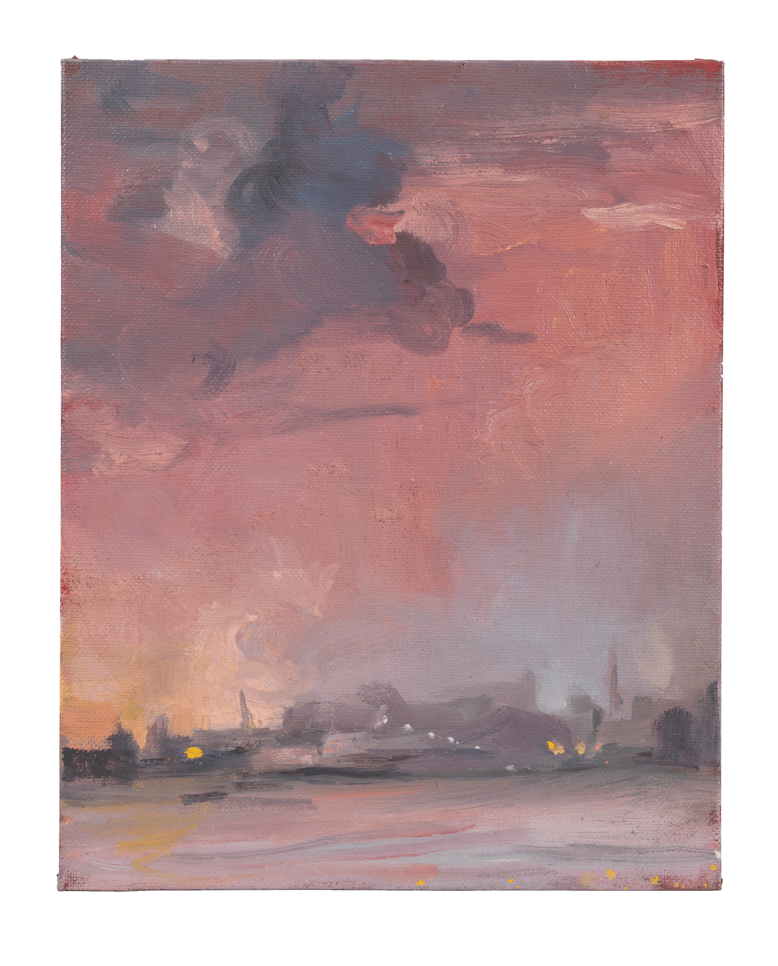 A painting by Lisa Yuskavage, titled Hudson Sunset (Pink and Grey), dated 1997.