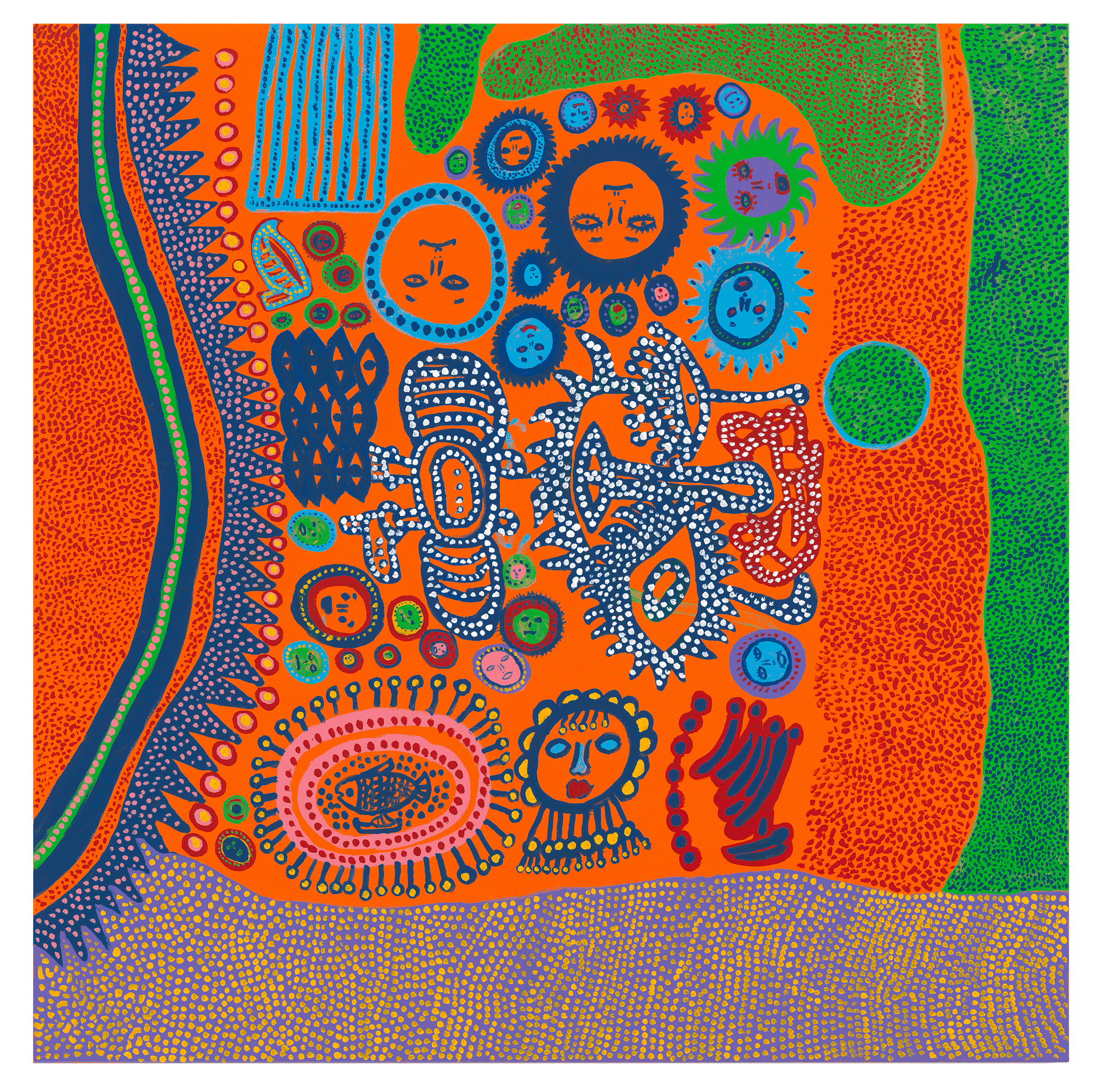 A painting by Yayoi Kusama, titled THE TALE OF THE UNIVERSE¬†, dated 2013. 