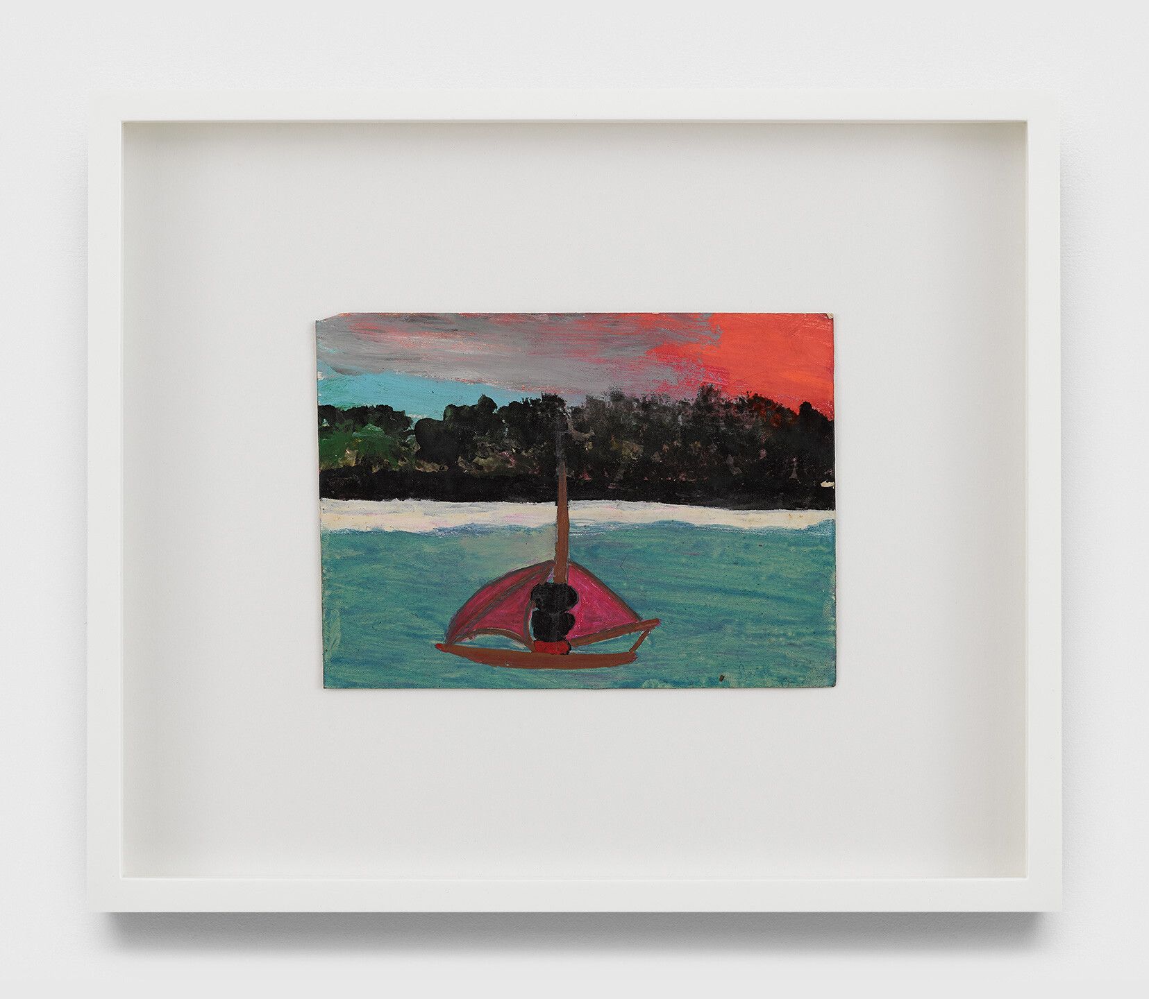 An undated oil painting on cardstock by Frank Walter, called Untitled (Self-portrait on water with red hurricane moving in).