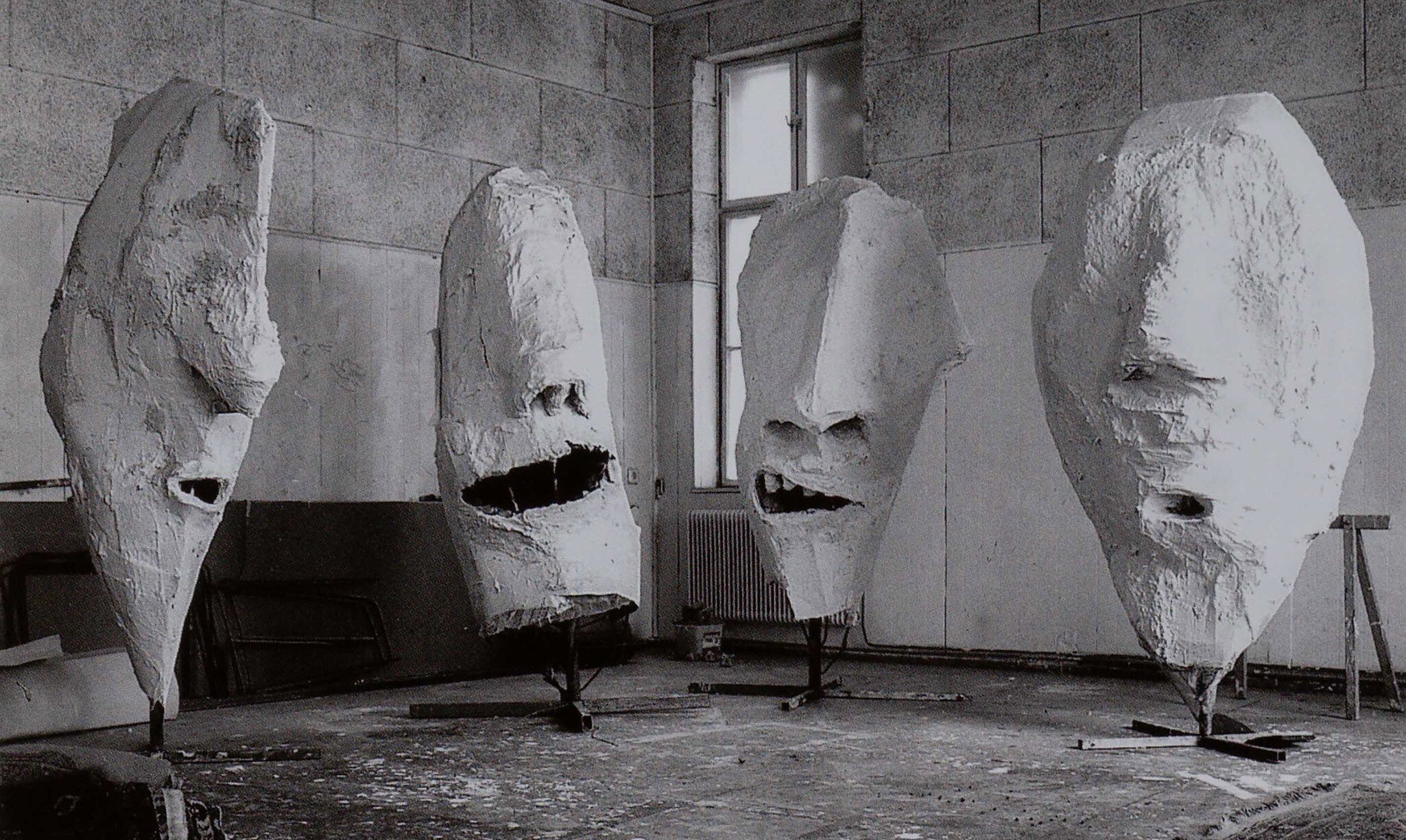 A photo of Franz West's Franz West Lemurenköpfe (Lemure Heads), 1992/2000 in his studio in Vienna in 1992.