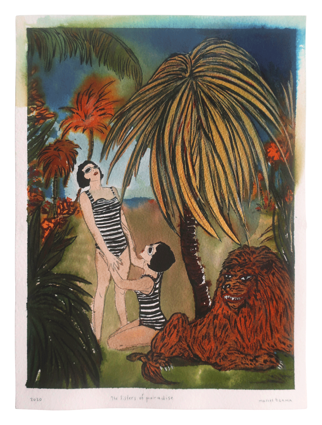 A work on paper by Marcel Dzama titled The sisters of paradise, dated 2020.