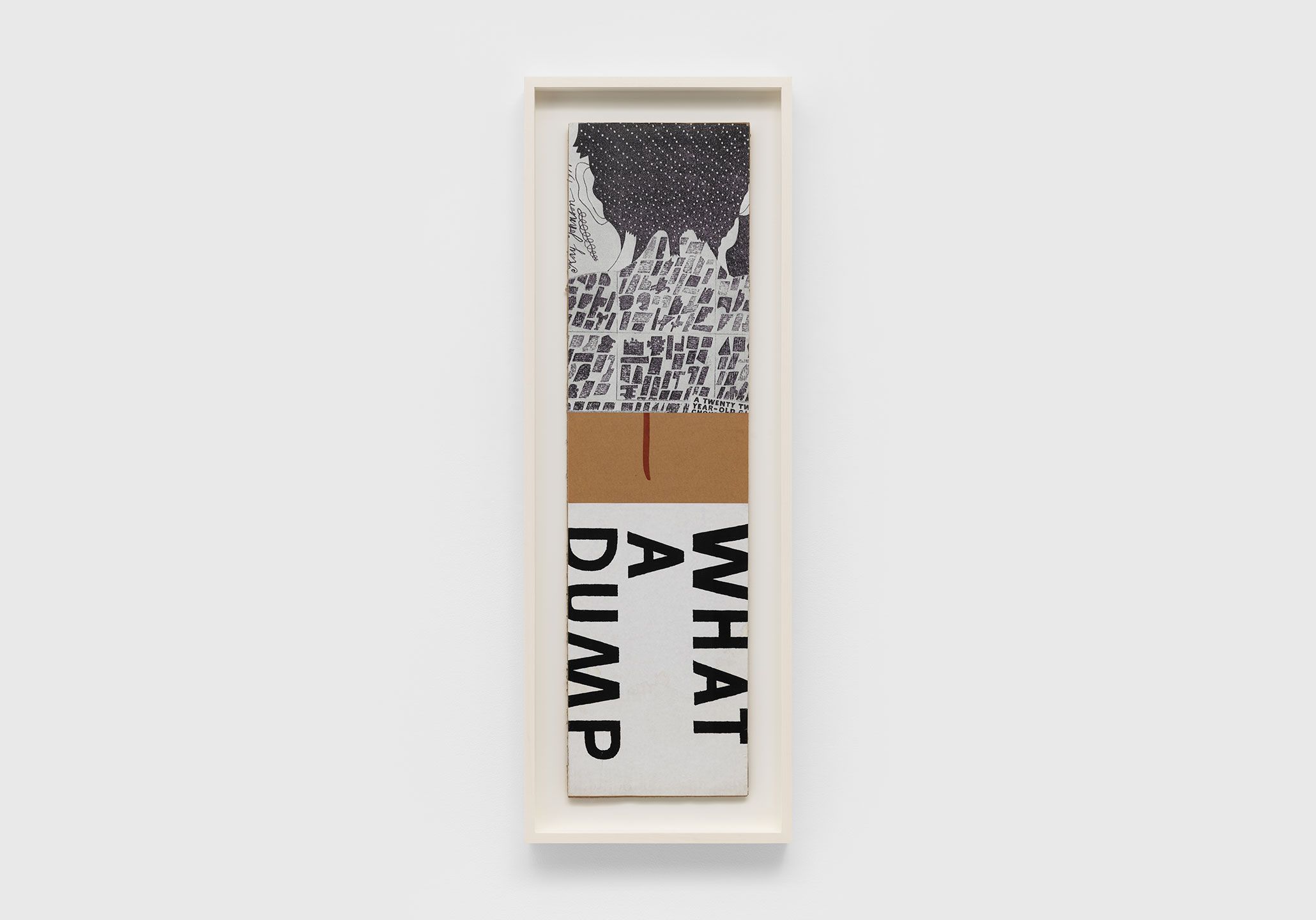 A collage on corrugated cardboard by Ray Johnson, titled Untitled (Long - What a Dump), circa 1990.