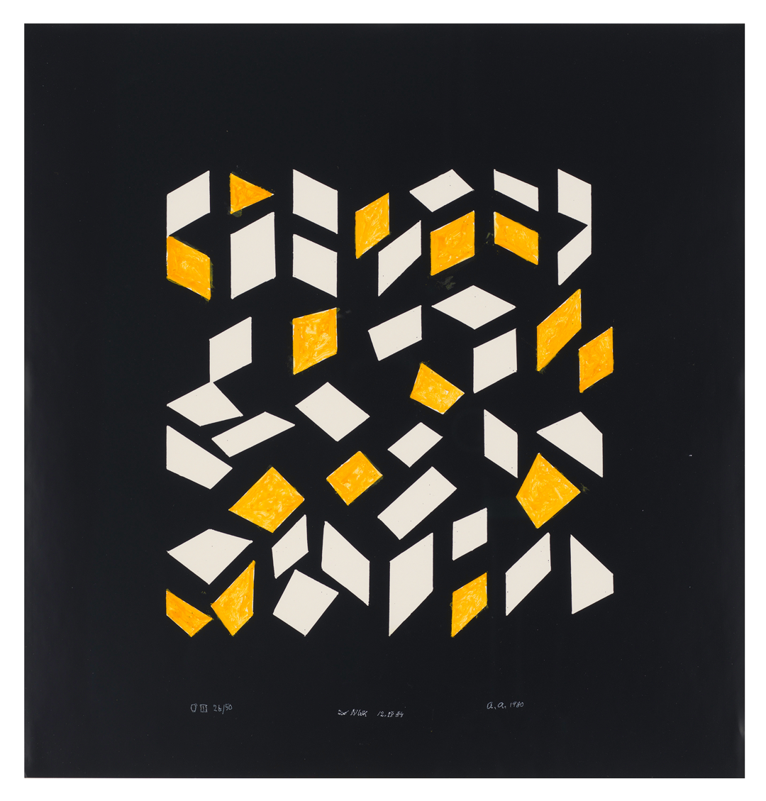A photo offset print with gouache and ink by Anni Albers, titled Orchestra III, dated 1980.
