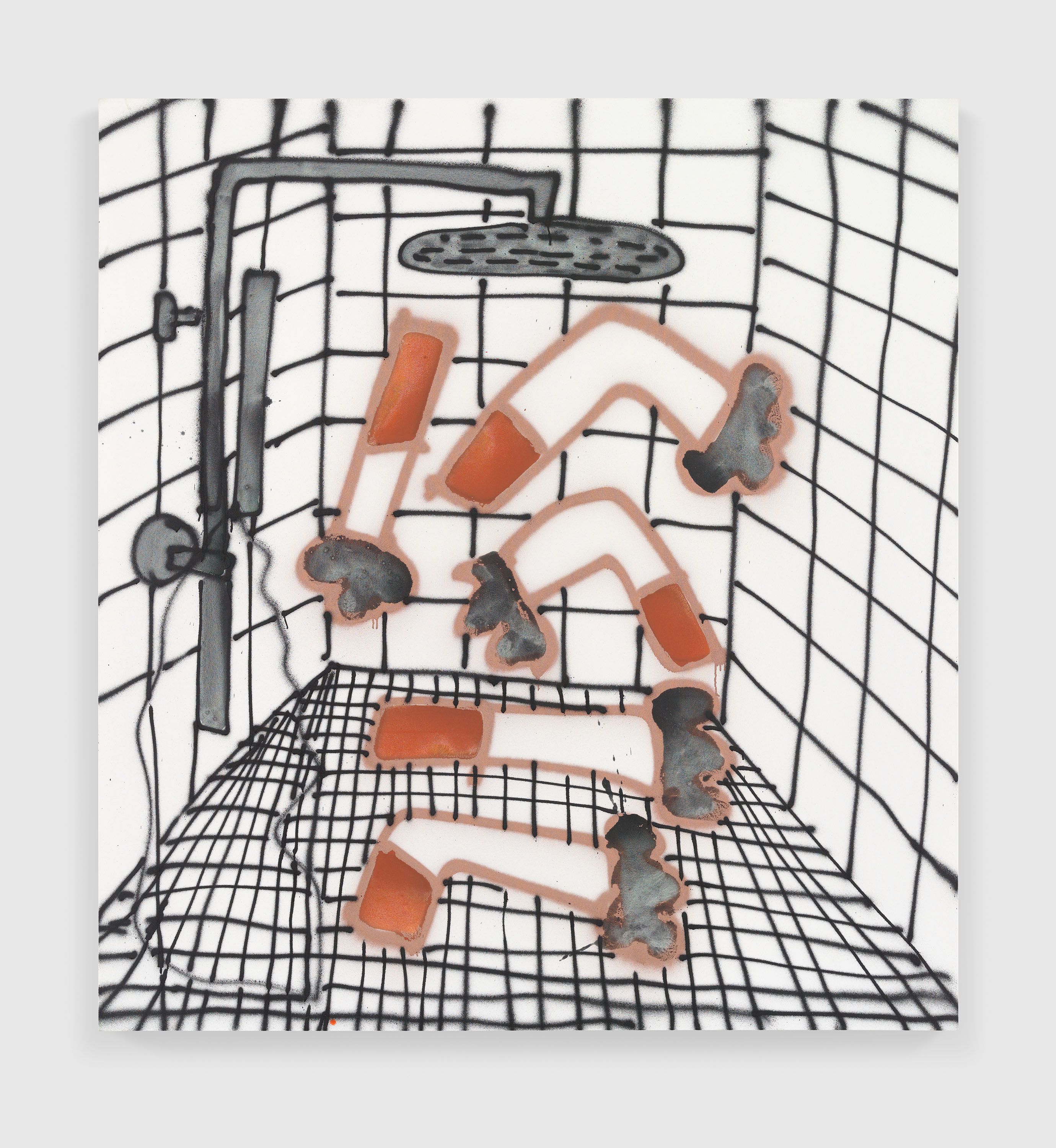 An acrylic and spray paint on canvas artwork by Katherine Bernhardt, titled Cigarettes Taking a Shower, dated 2022.