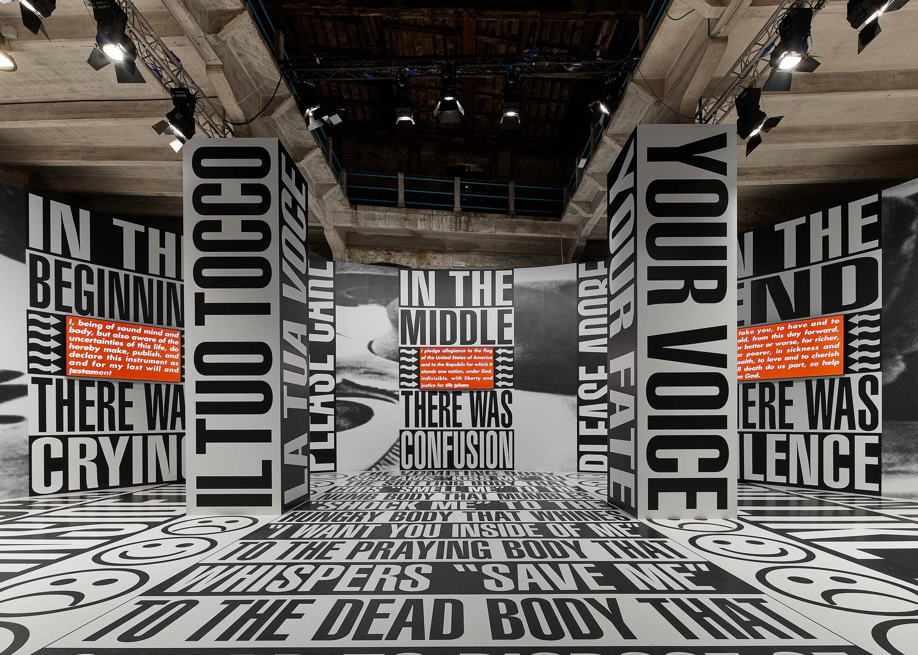 Installation view, works by Barbara Kruger, on view at 59th Venice Biennale, The Milk of Dreams, 2022. Photo by Maris Mezulis