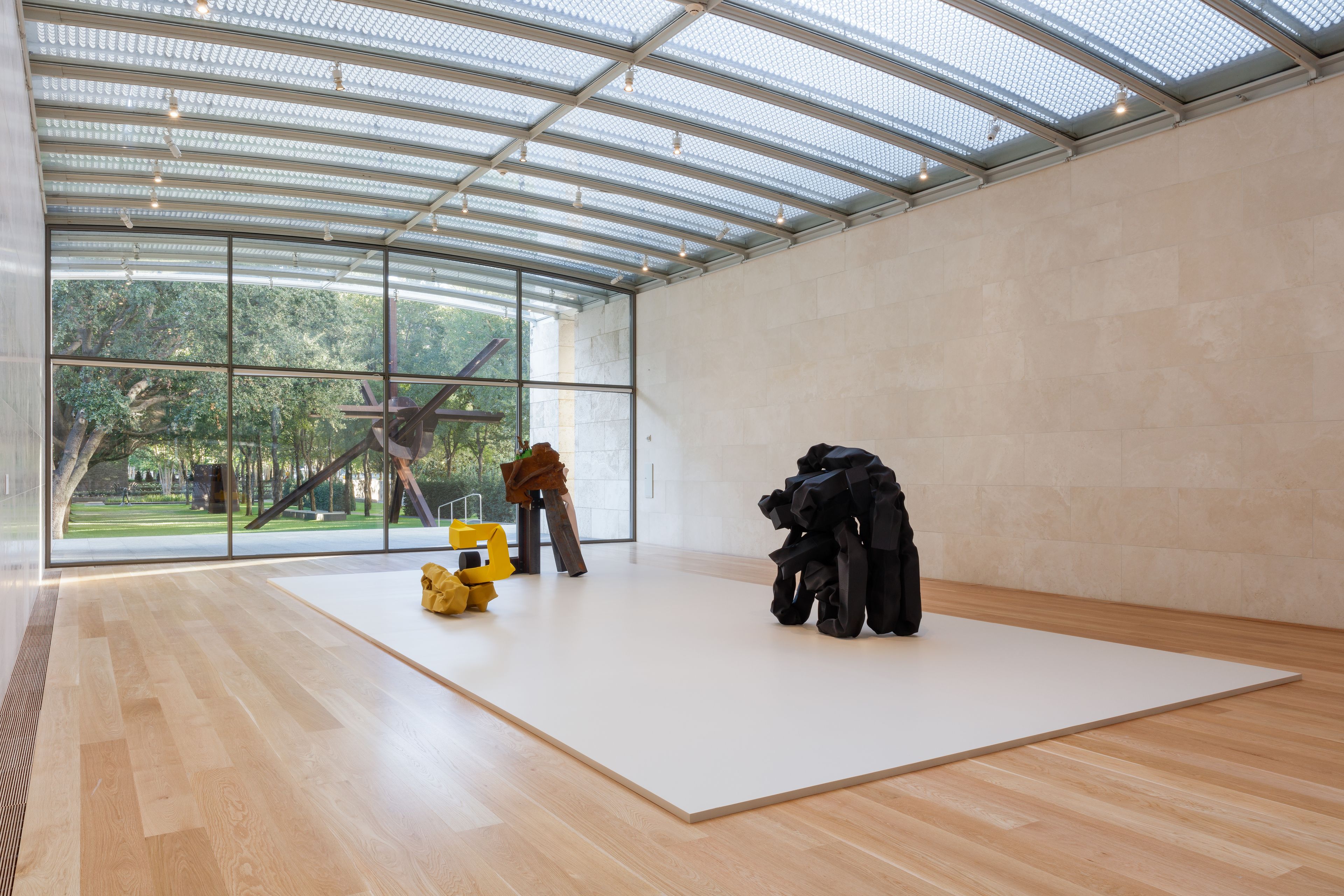 Installation view of the exhibition, Carol Bove: Collage Sculptures, at the Nasher Sculpture Center in Dallas, Texas, dated 2021.