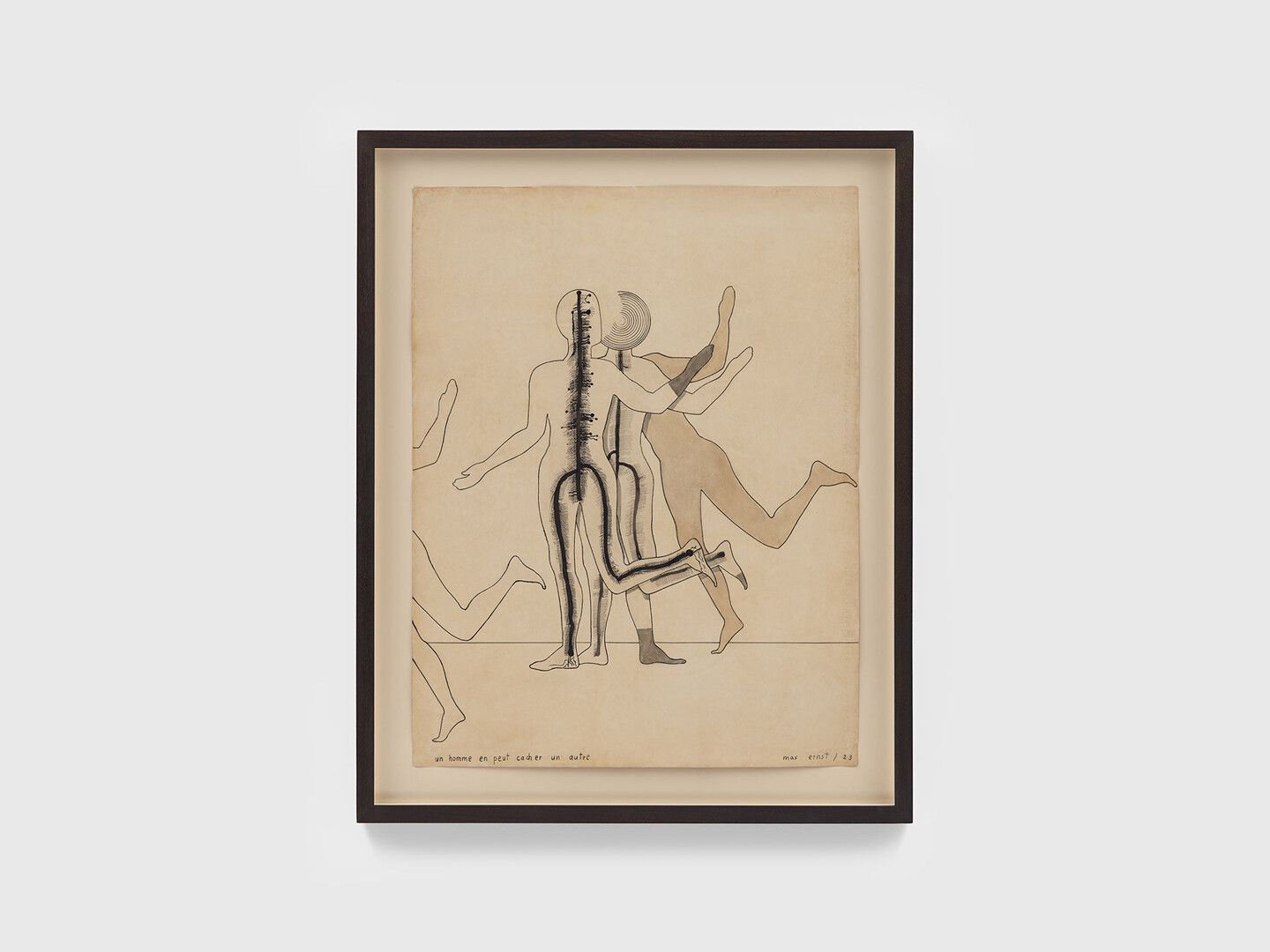 A drawing by Max Ernst, titled Un homme peut en cacher un autre, translated as One Man Can Hide Another, dated 1923.