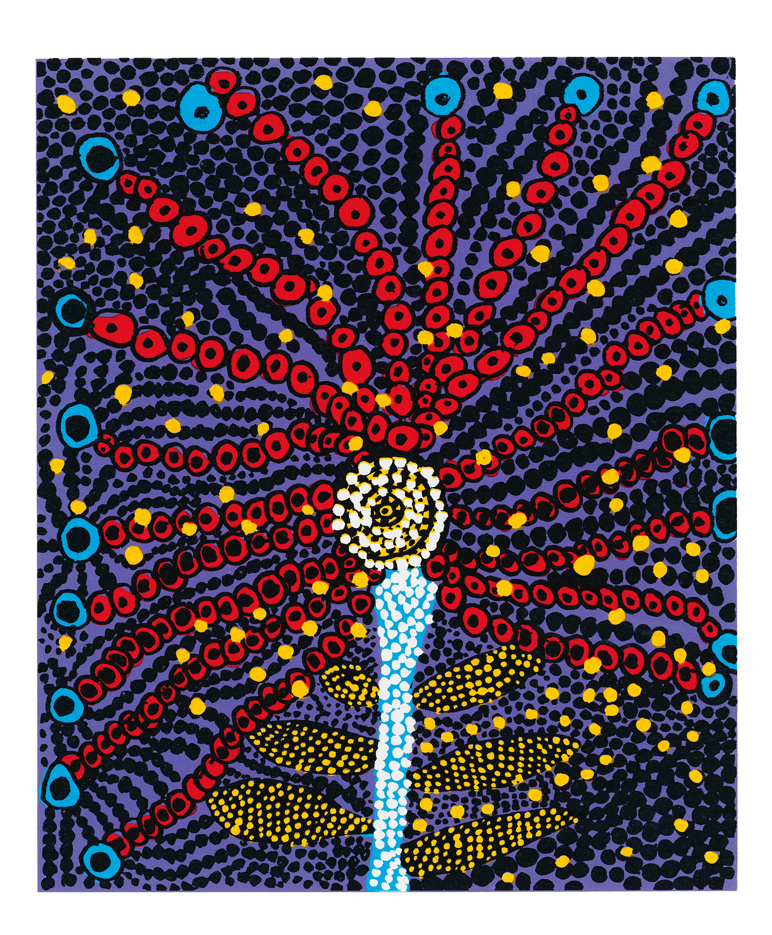 A silkscreen print and etching on Moulin de Larroque paper by Yayoi Kusama, titled Flower Bloomed in My Heart, dated 2011.