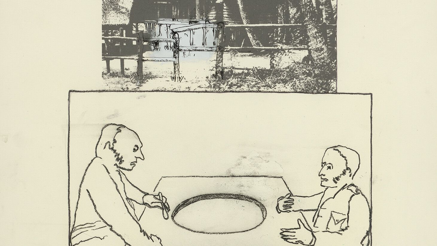 A detail from the series titled An Outpost of Progress by Juan Muñoz, dated 1992