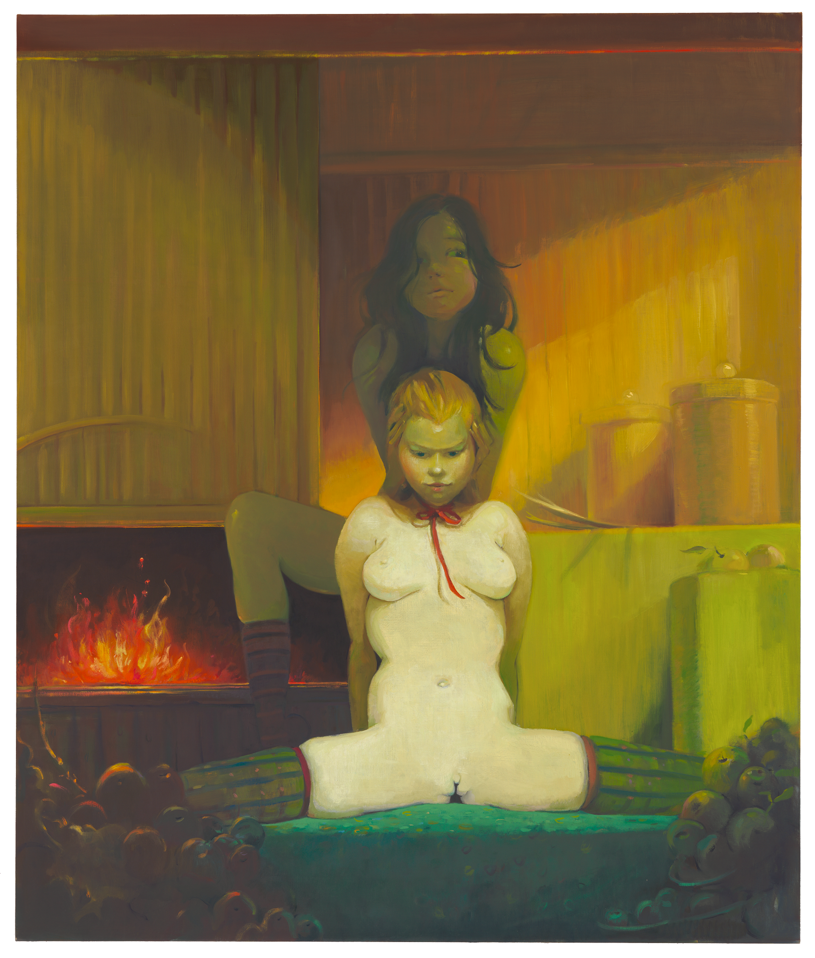 A painting by Lisa Yuskavage, titled Fireplace, dated 2010.