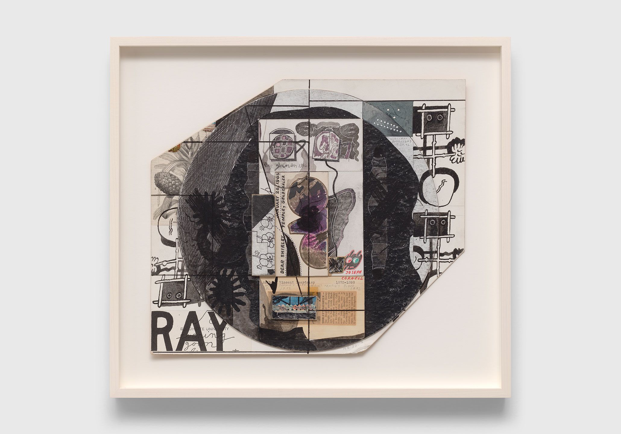 A collage on illustration board by Ray Johnson, titled Untitled (Dear Shirley Temple, Geldzahler) , dated 1956-1992.