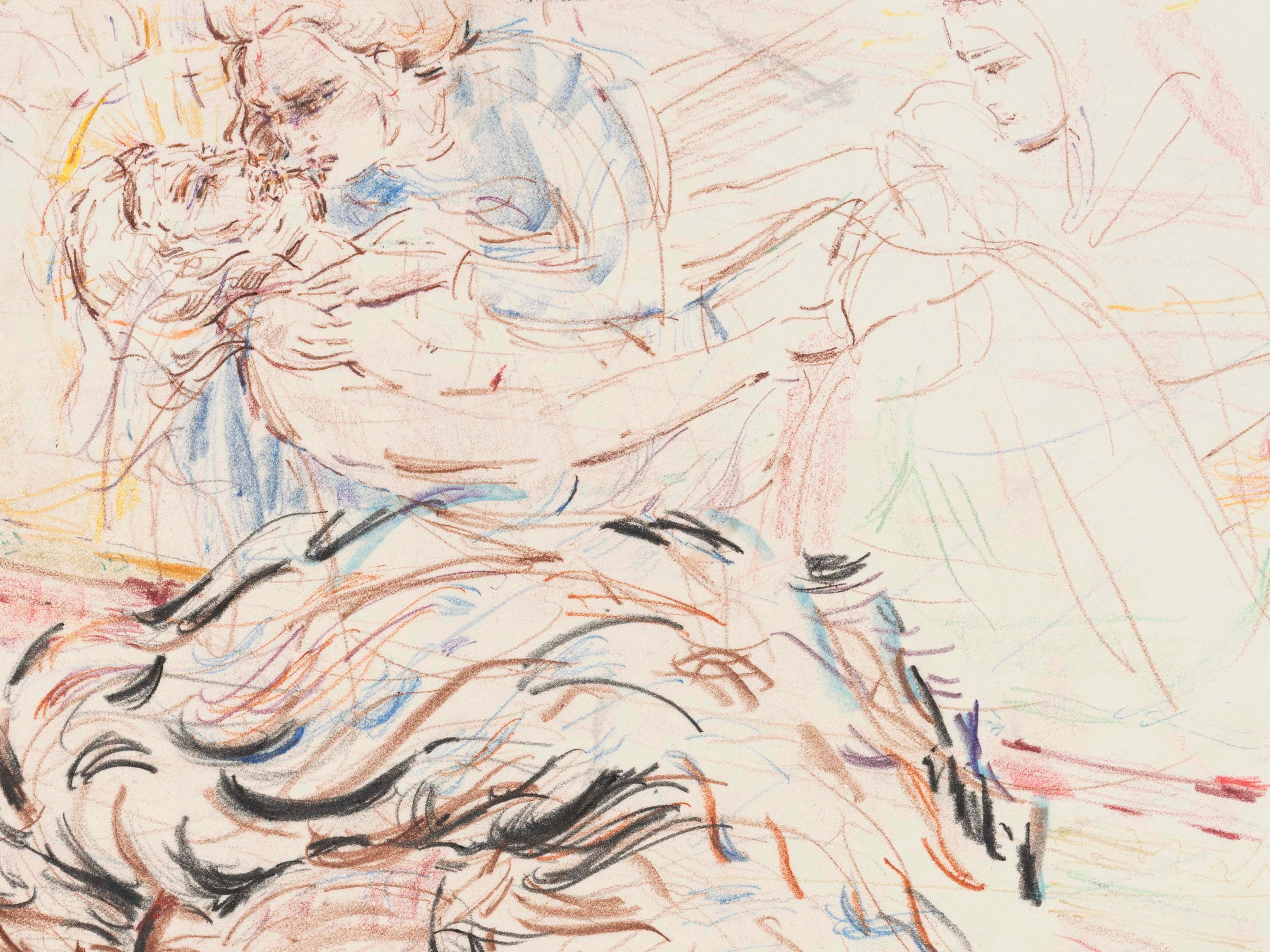 A detail from a work on paper by Elizabeth Peyton, titled Arena Chapel (Atesh), dated 2024 to 2025.