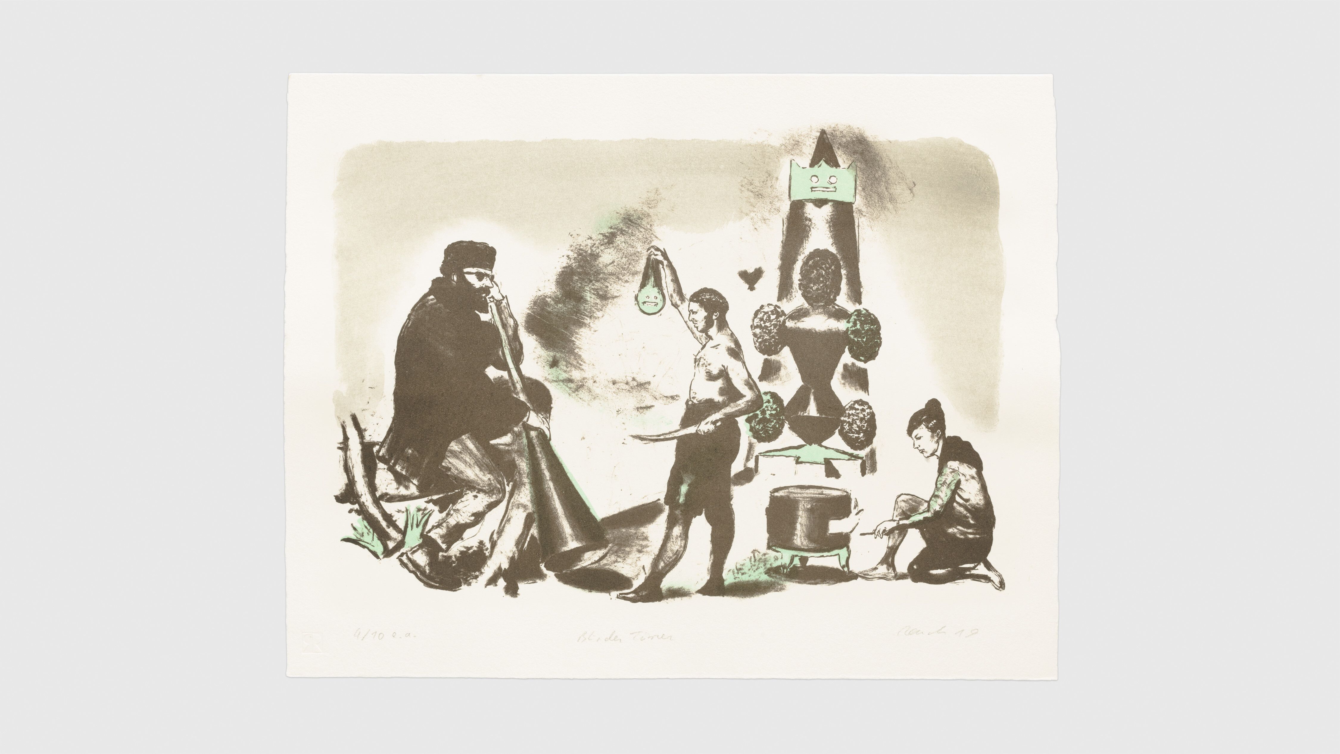 A three-color lithograph on Hahnemühle Alt Worms paper by Neo Rauch, titled blinder Türmer, dated 2019.