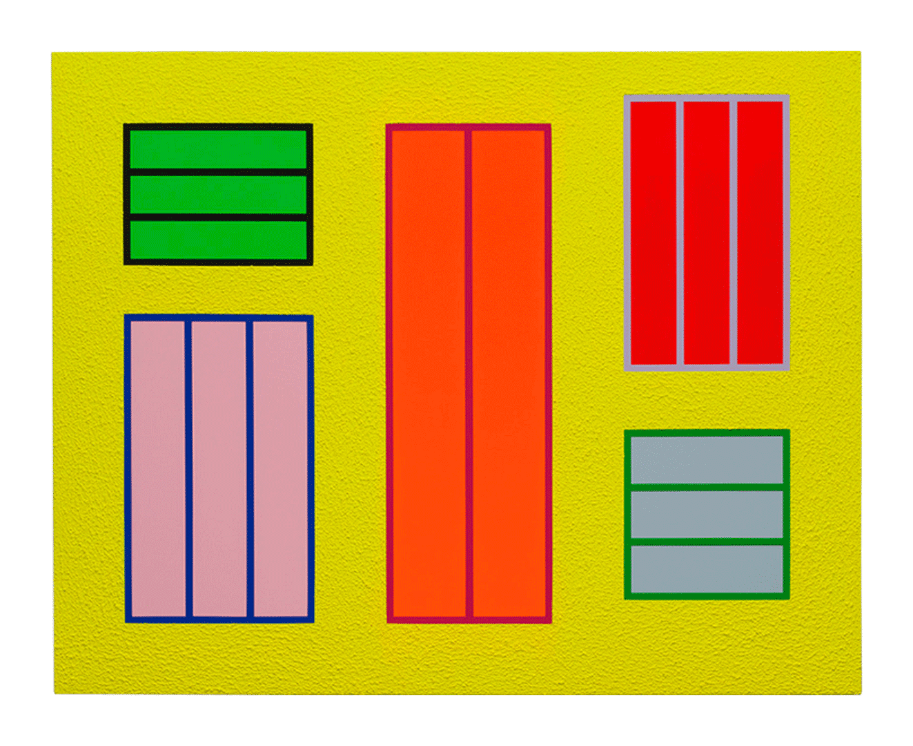 An acrylic, fluorescent acrylic, and Roll-A-Tex work on canvas by Peter Halley, titled Wonder, dated 2018.