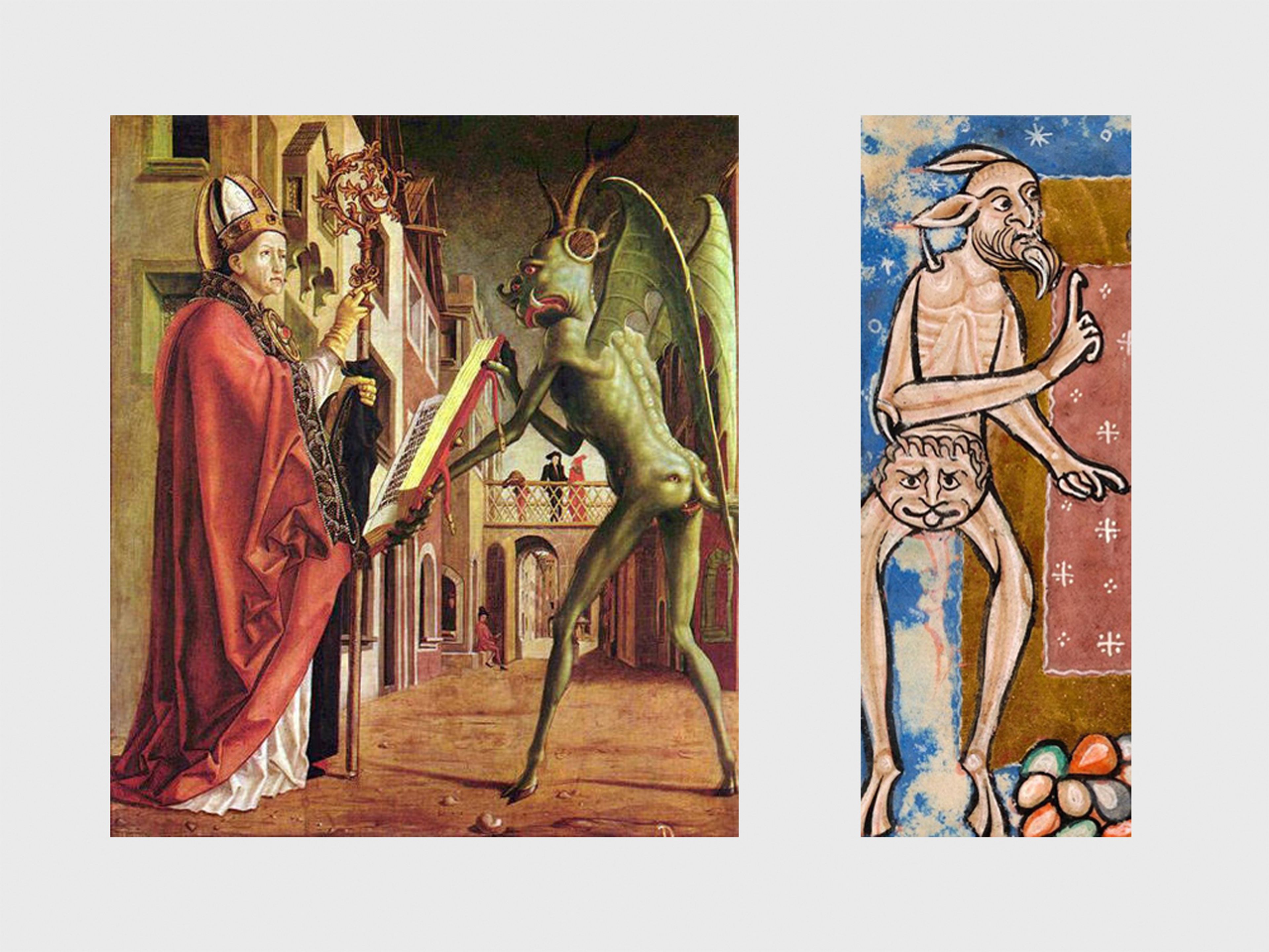 On the left, a detail from the work by Michael Pacher titled St. Wolfgang and the Devil, circa 1471–1475. On the right, the a detail from the work titled Three Temptations of Christ, English manuscript illumination from Huntingfield Psalter, circa 1215