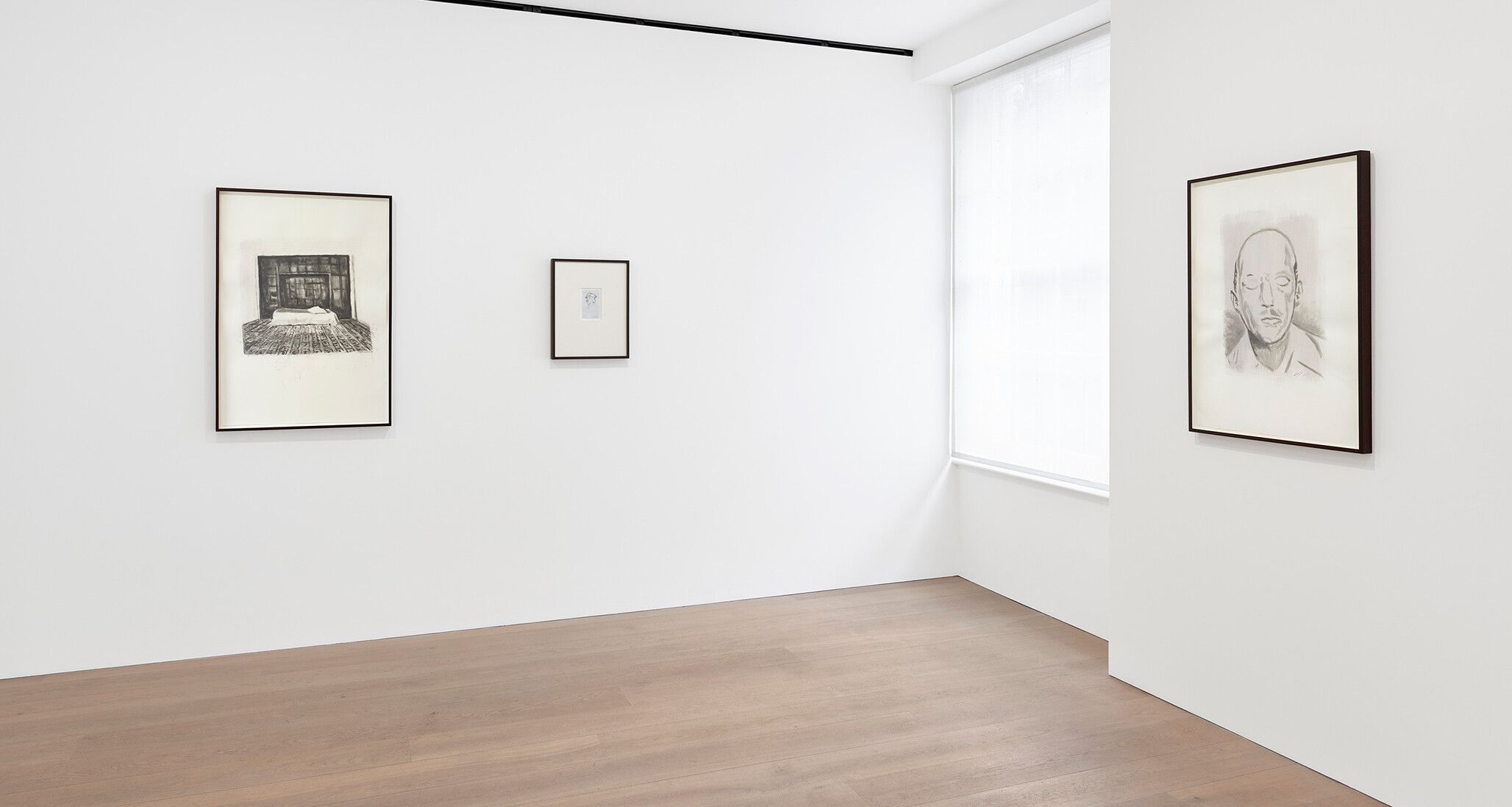 An installation view featuring works by Luc Tuymans at David Zwirner London, dated 2021.