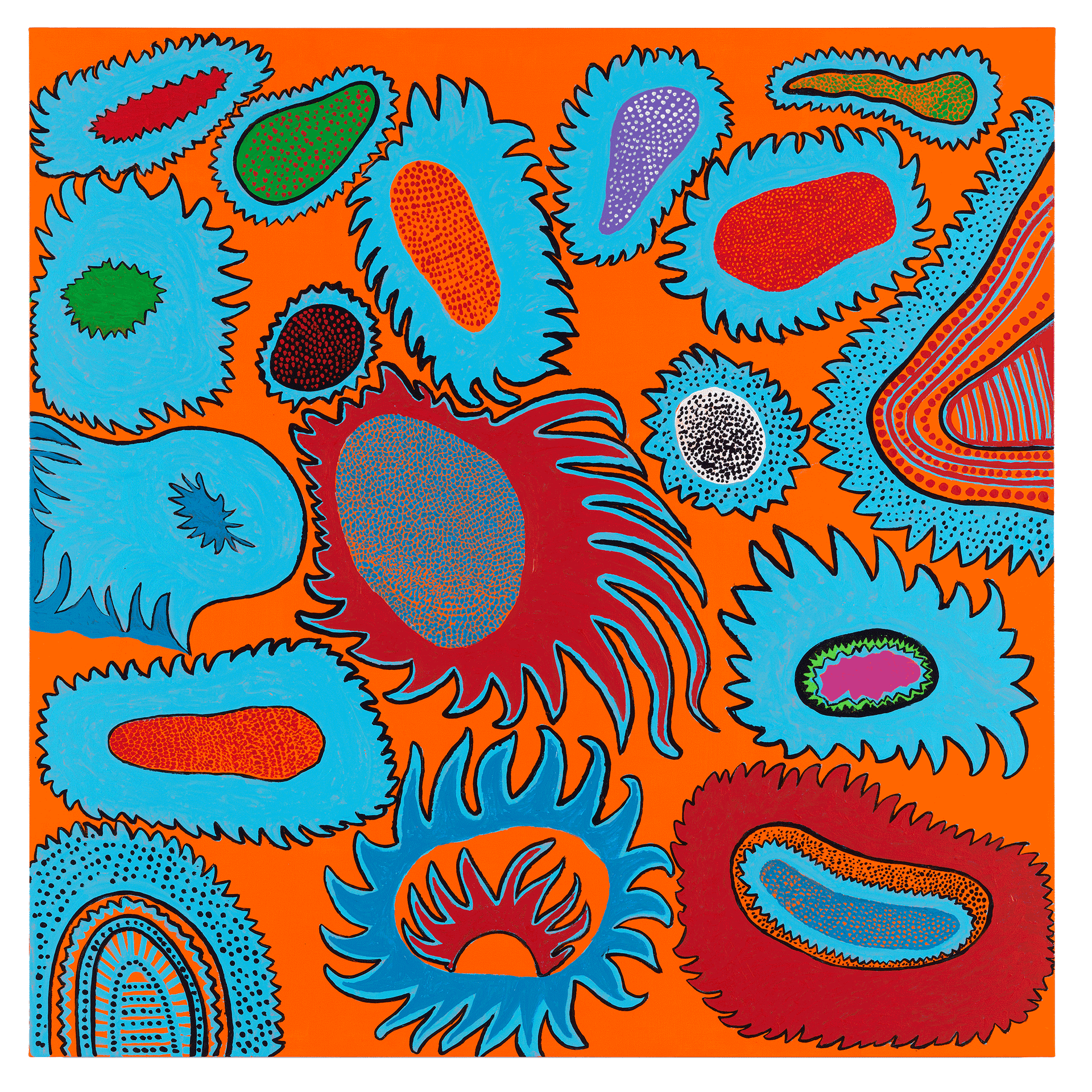 A painting by Yayoi Kusama, titled Flowers Speak, dated 2016.