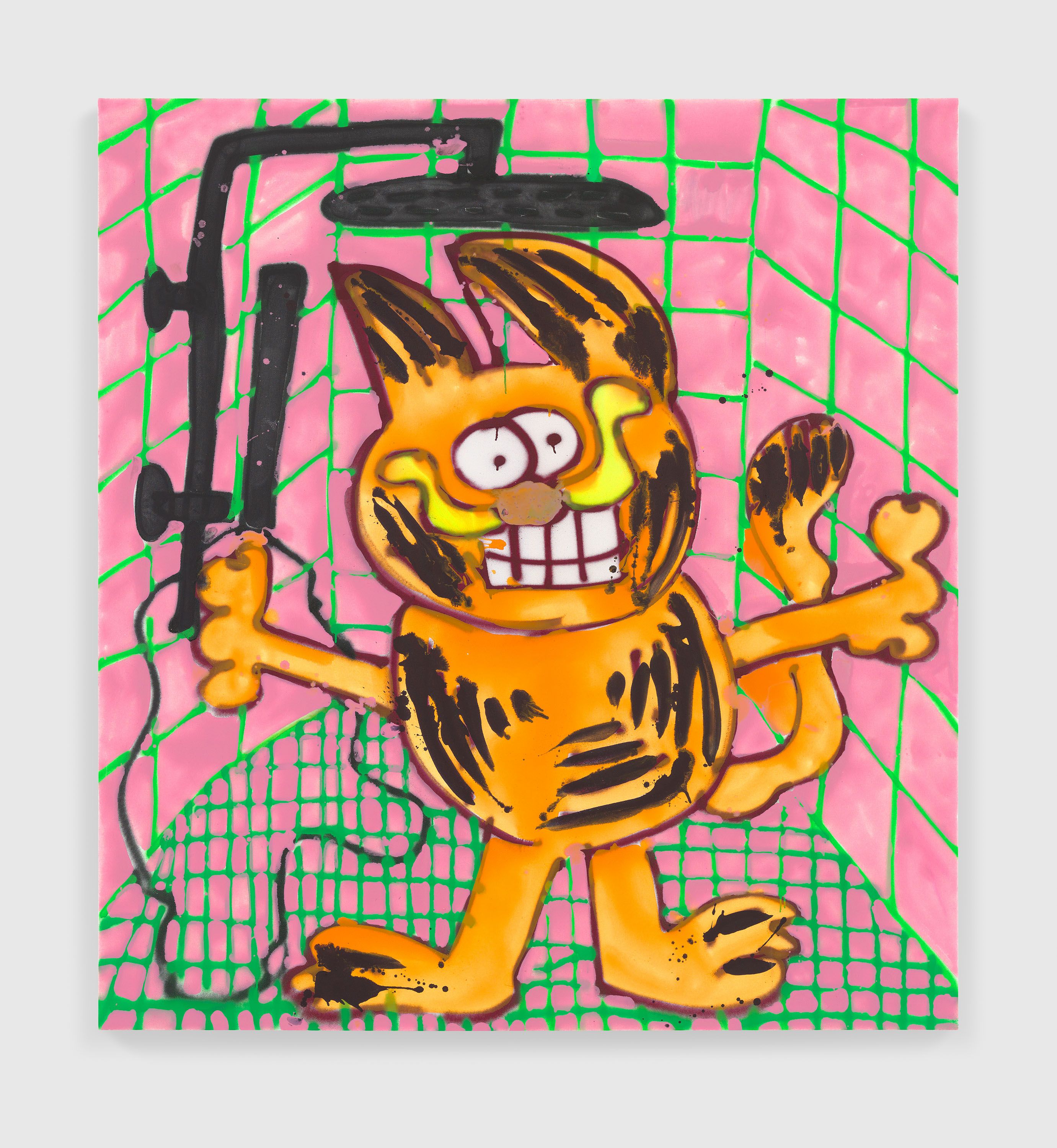 An acrylic and spray paint on canvas artwork by Katherine Bernhardt, titled Clean Garfield, dated 2022.