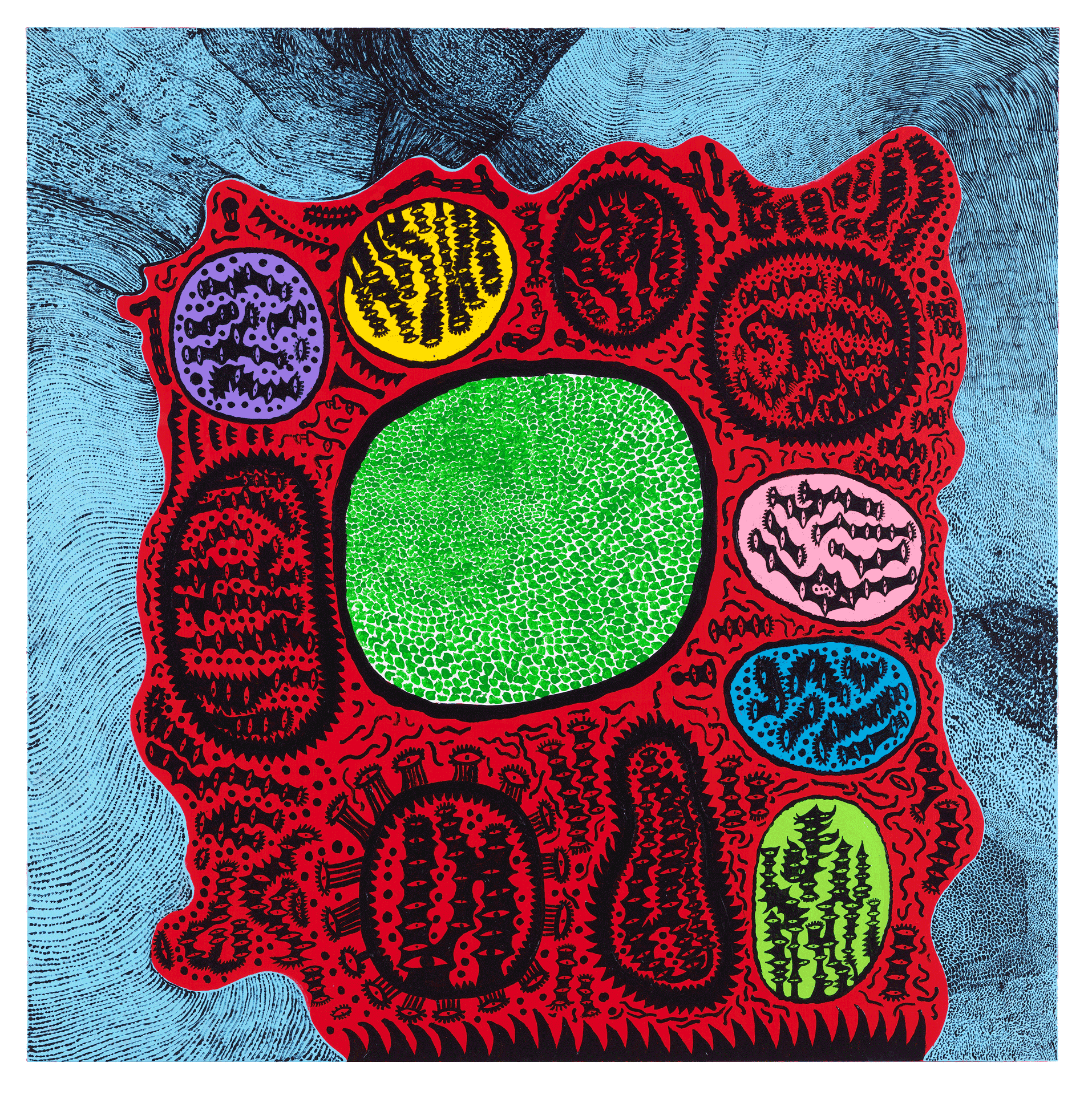 A painting by Yayoi Kusama, titled Love Is Burning, dated 2016.