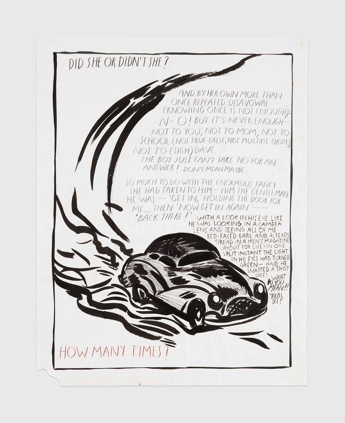 An ink drawing by Raymond Pettibon titled No Title (Did she or...), dated 1990