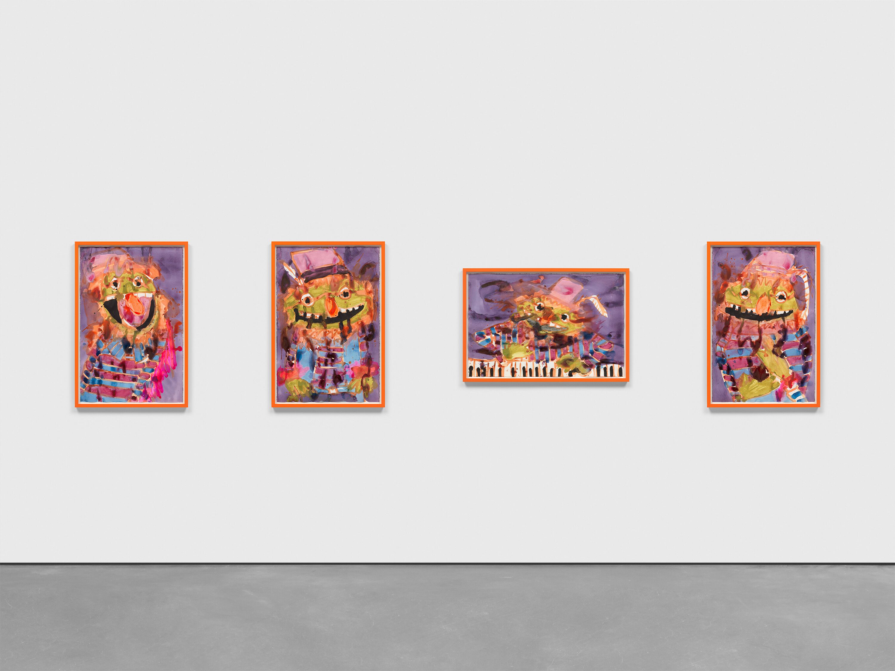 Installation view of four framed works on paper