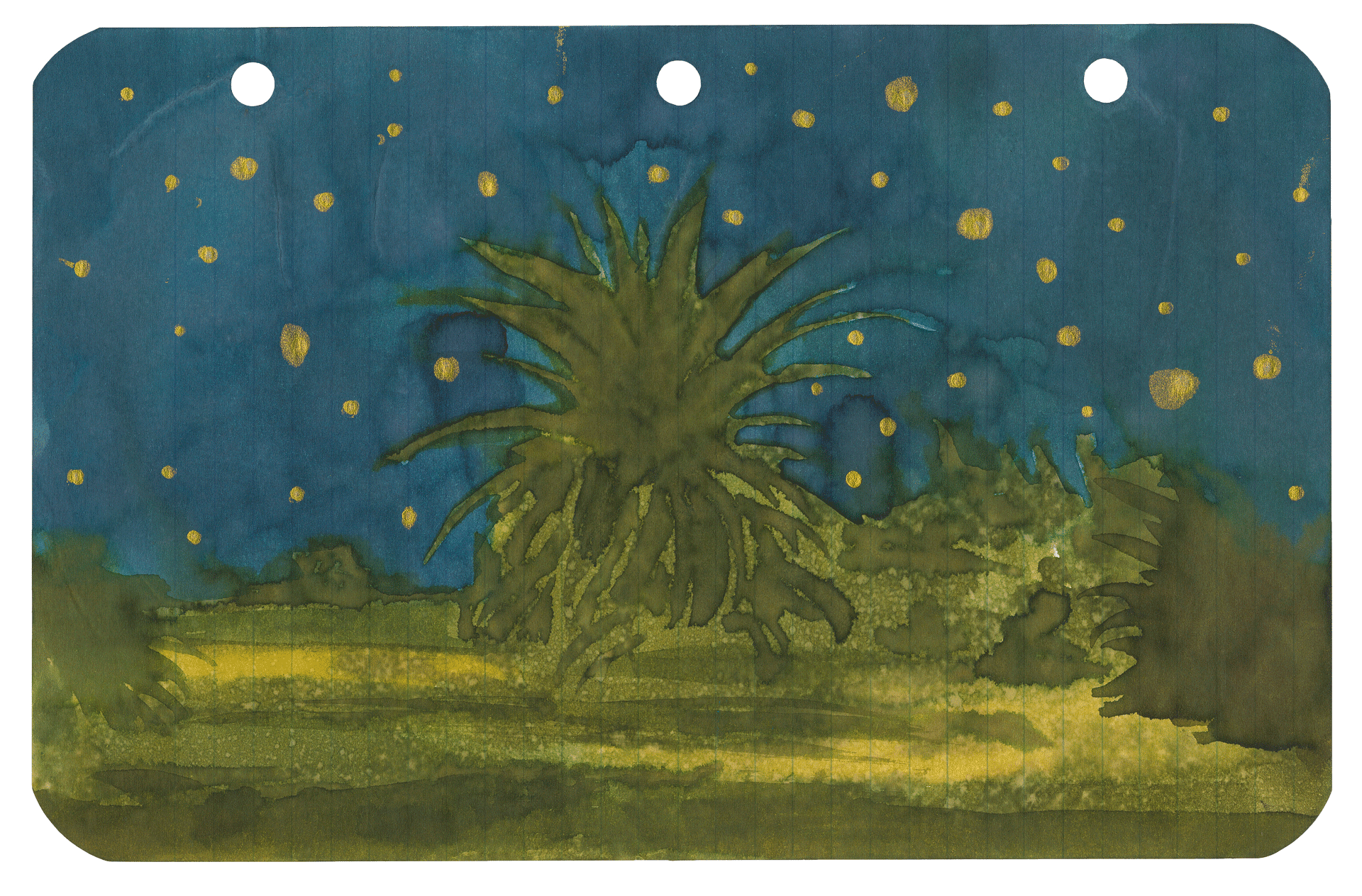 A work on paper by Marcel Dzama titled Oasis at night, dated 2018.