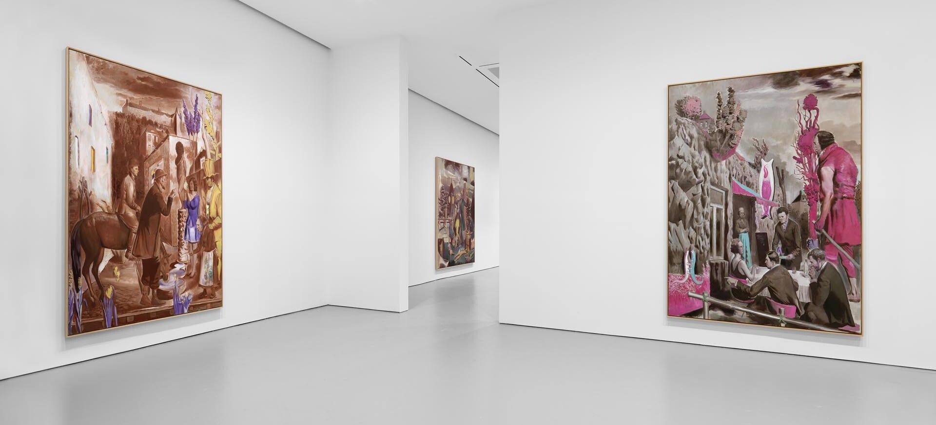 An installation view of the exhibition Neo Rauch: At the Well, at David Zwirner New York, dated 2014.