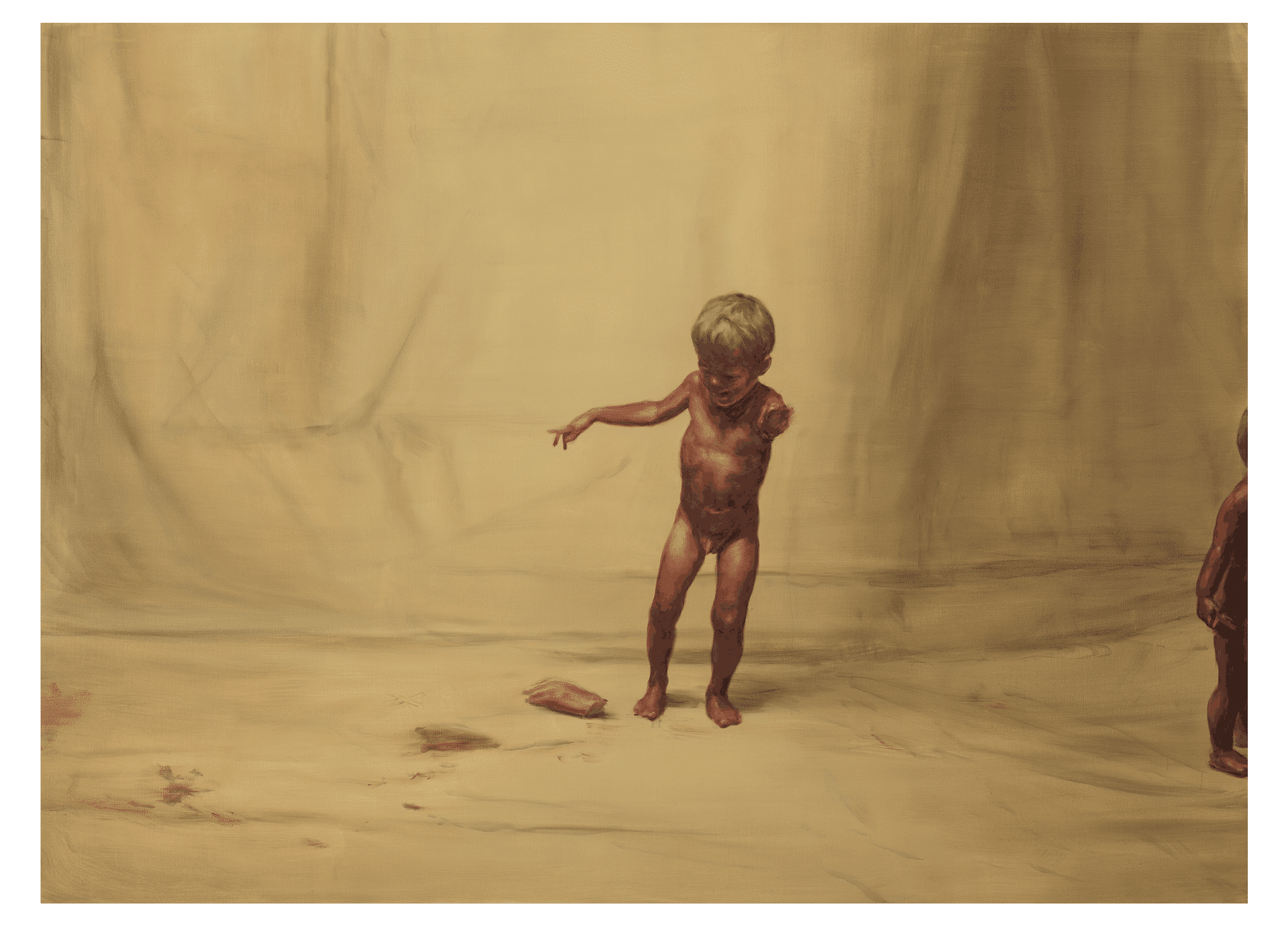 A detail from a painting by Michaël Borremans, titled Fire from the Sun (Two Figures, One Hand), dated 2017.