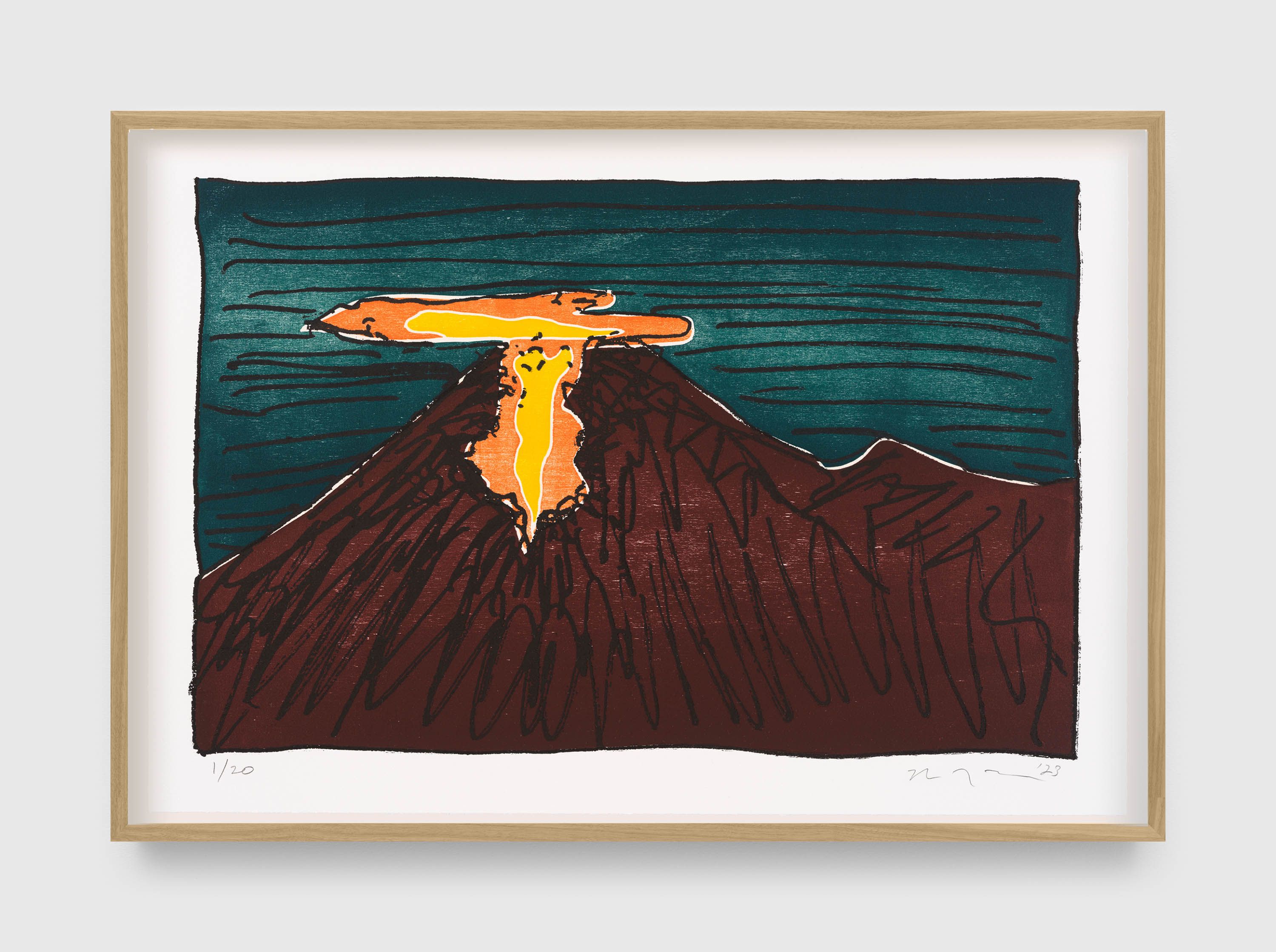 A woodcut by Nate Lowman, titled Stratovolcano, dated 2023.