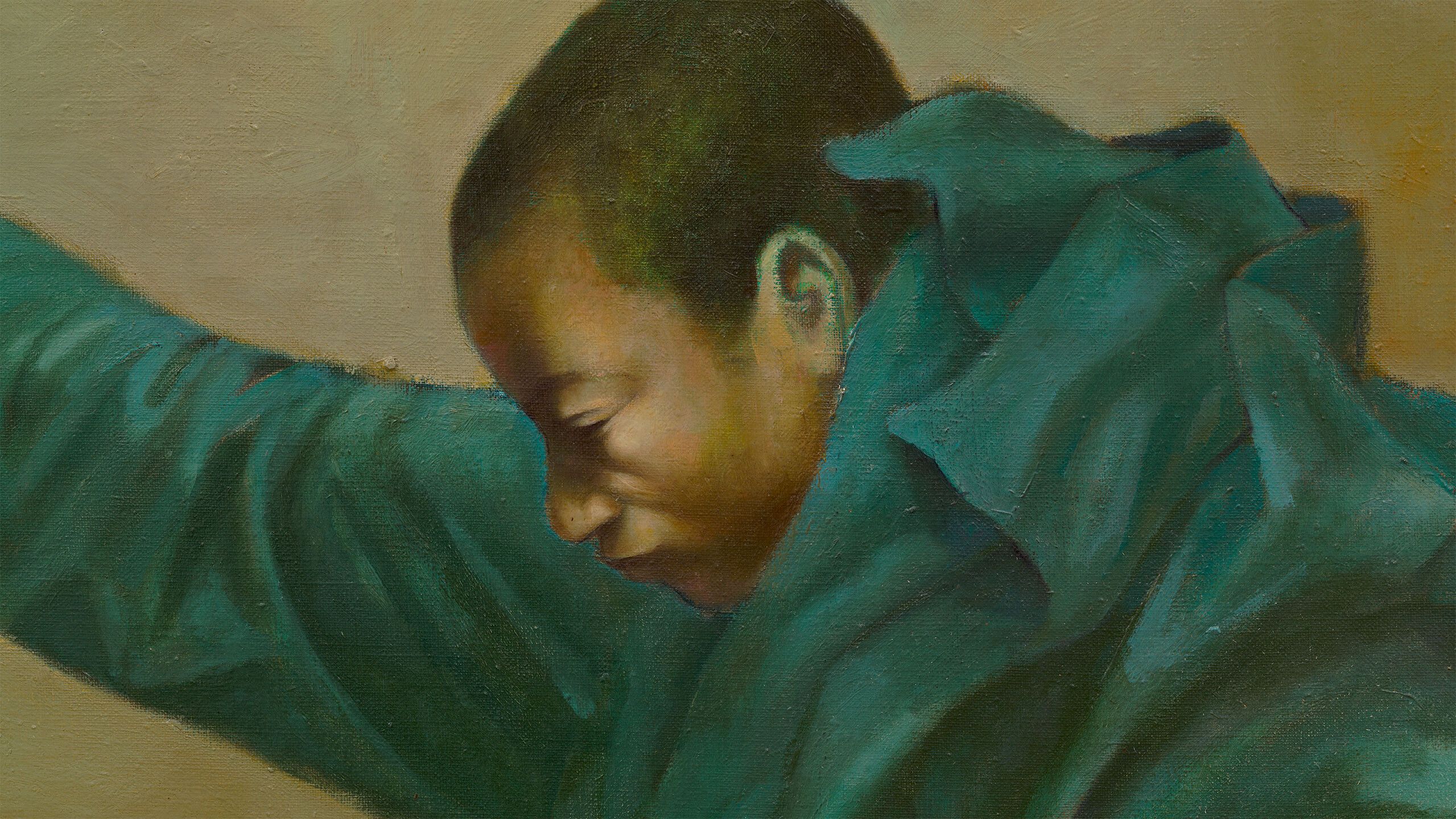 A close-up of the work called Untitled by Charles White, it is a man who wears a green coat looking down with his right arm raising up.