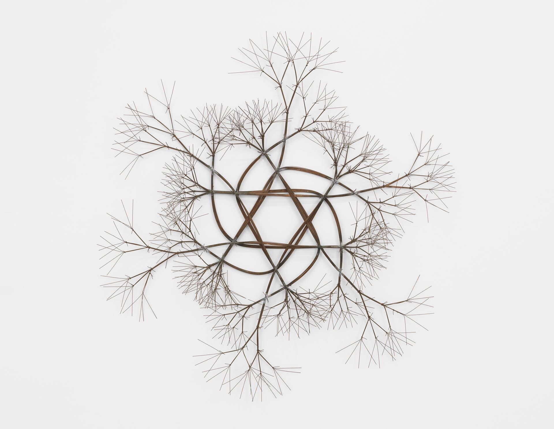 A sculpture by Ruth Asawa, titled Untitled (S.383, Wall-Mounted Tied Wire, Open-Center, Six-Pointed Star, with Six Branches), dated circa 1967.