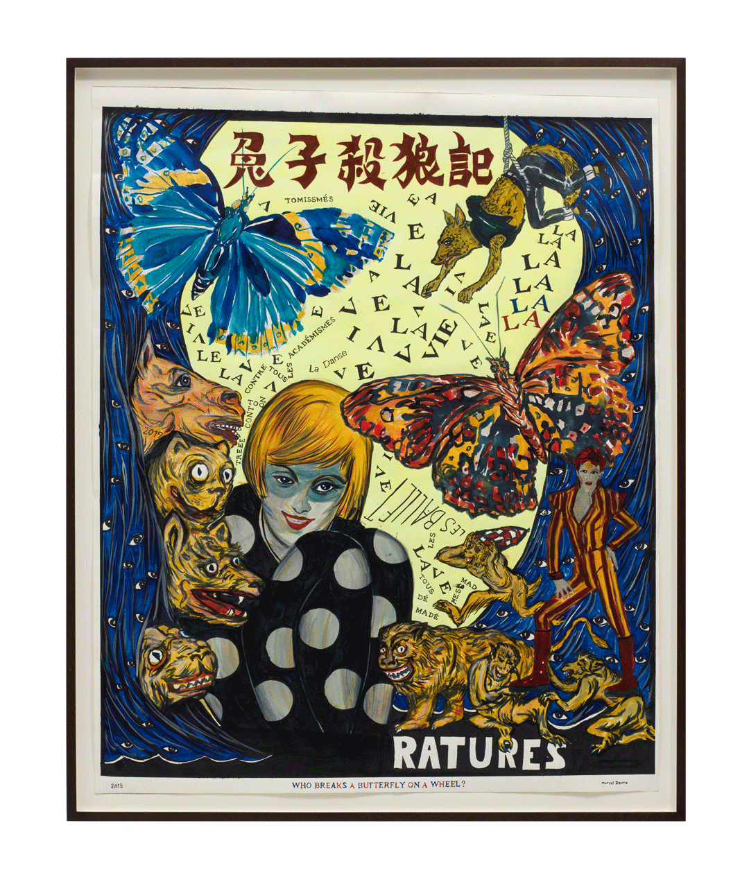 A work on paper by Marcel Dzama, titled And who breaks a butterfly on a wheel? or A rapture, a butterfly, a dancer and a bowie knife, dated 2018.