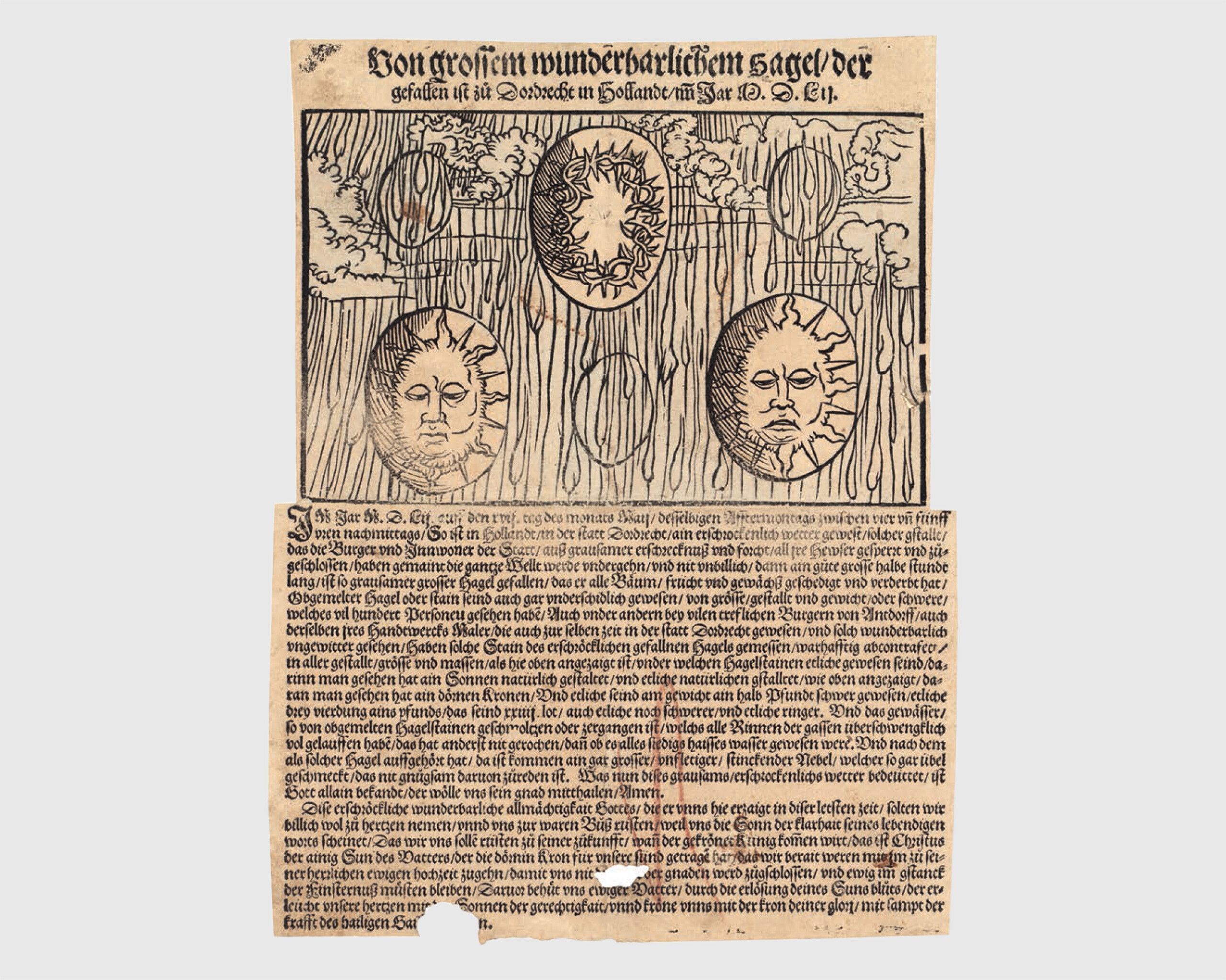Illustrated broadsheet reporting hail in Dordrecht, dated 1552