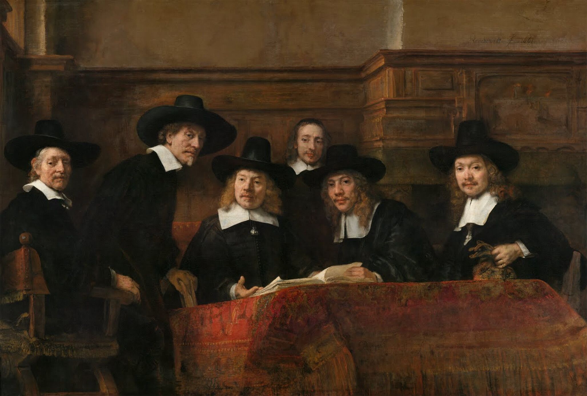 An artwork by Rembrandt Harmenszoon van Rijn, titled The Syndics, dated 1662. Rijksmuseum, Amsterdam