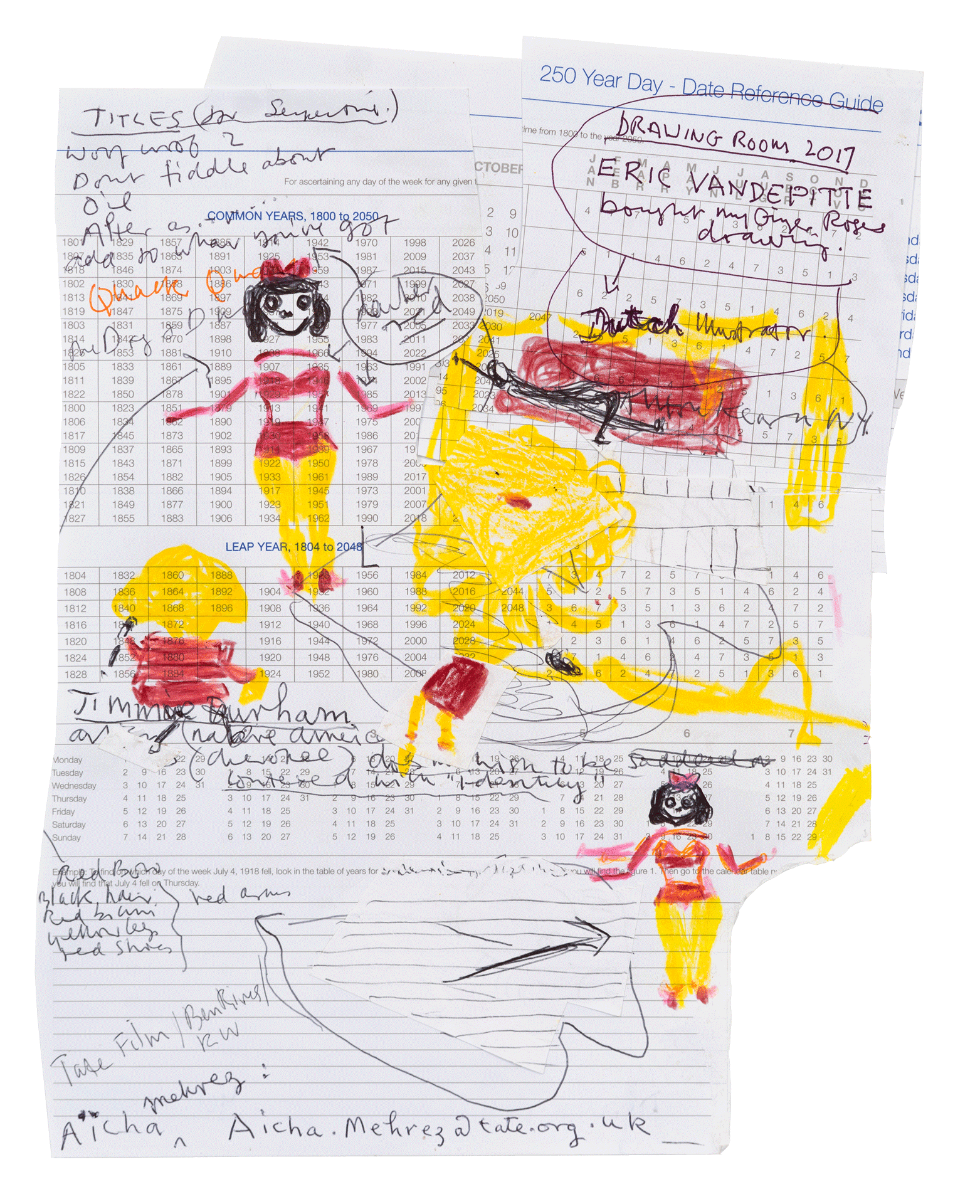 A painting by Rose Wylie, titled Yellow Girls, Dairy Page, dated 2018. 