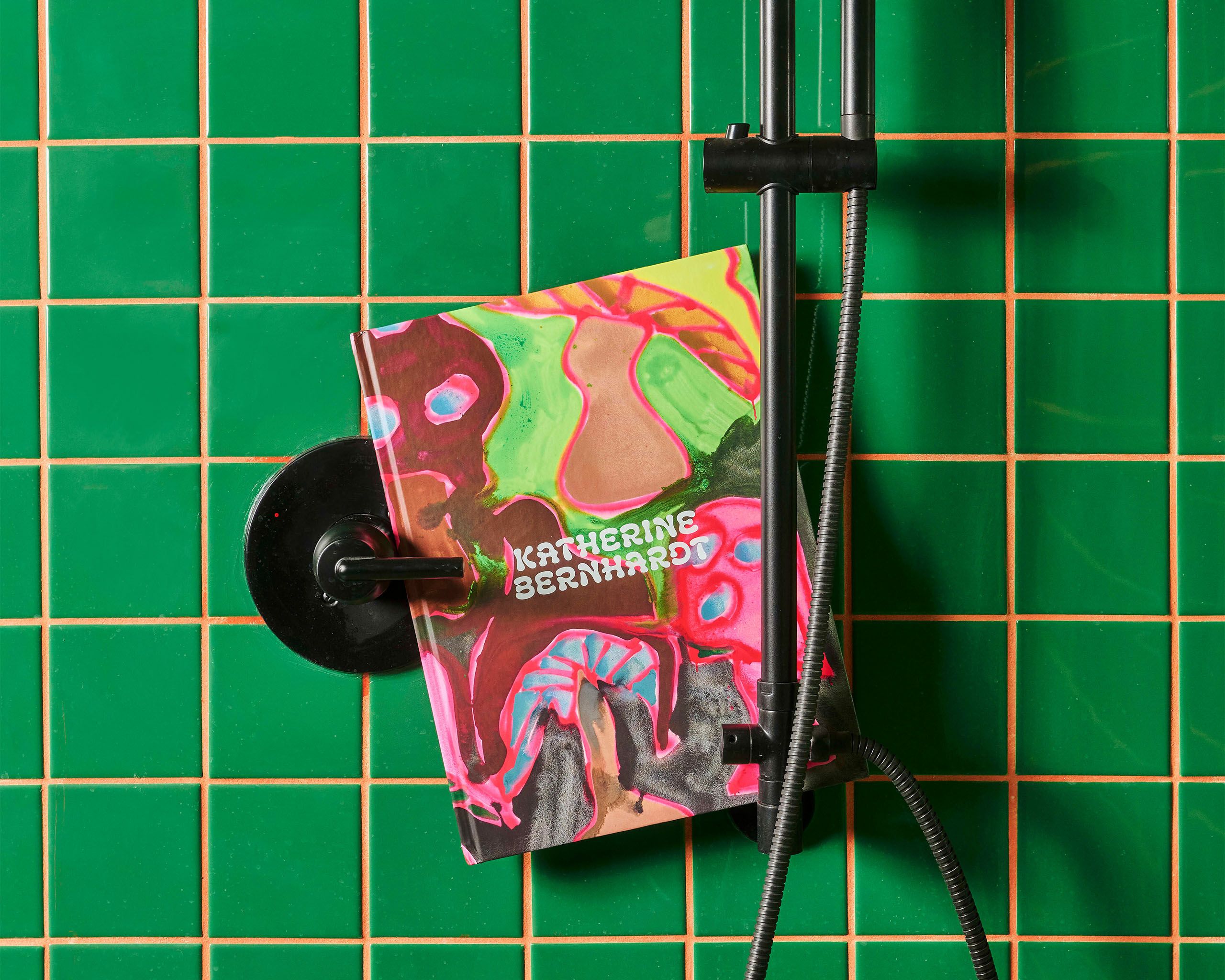 Katherine Bernhardt catalog on a green tiled background