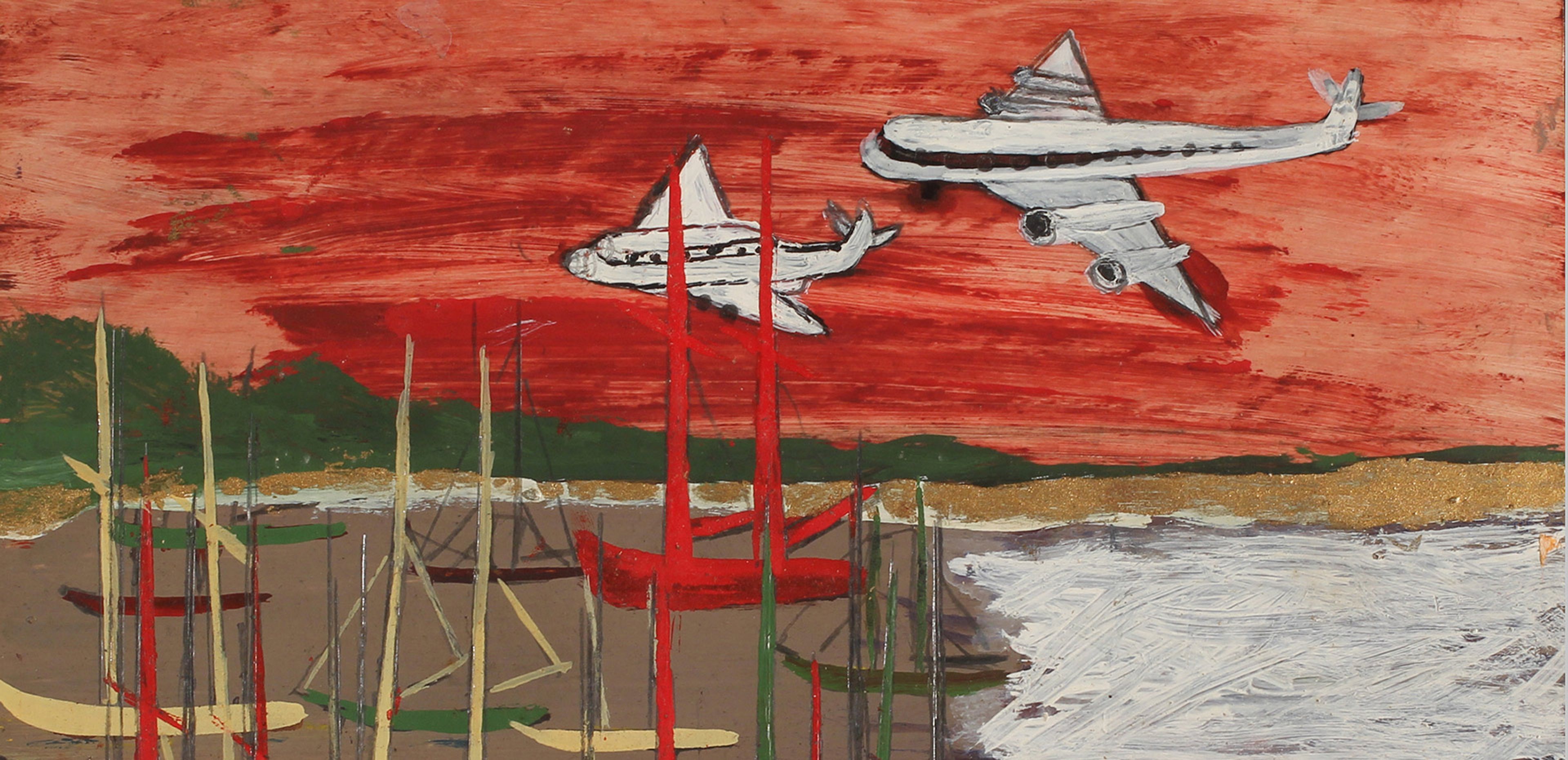 A detail from an undated painting by Frank Walter, called Untitled (Airplanes over boats in harbor).