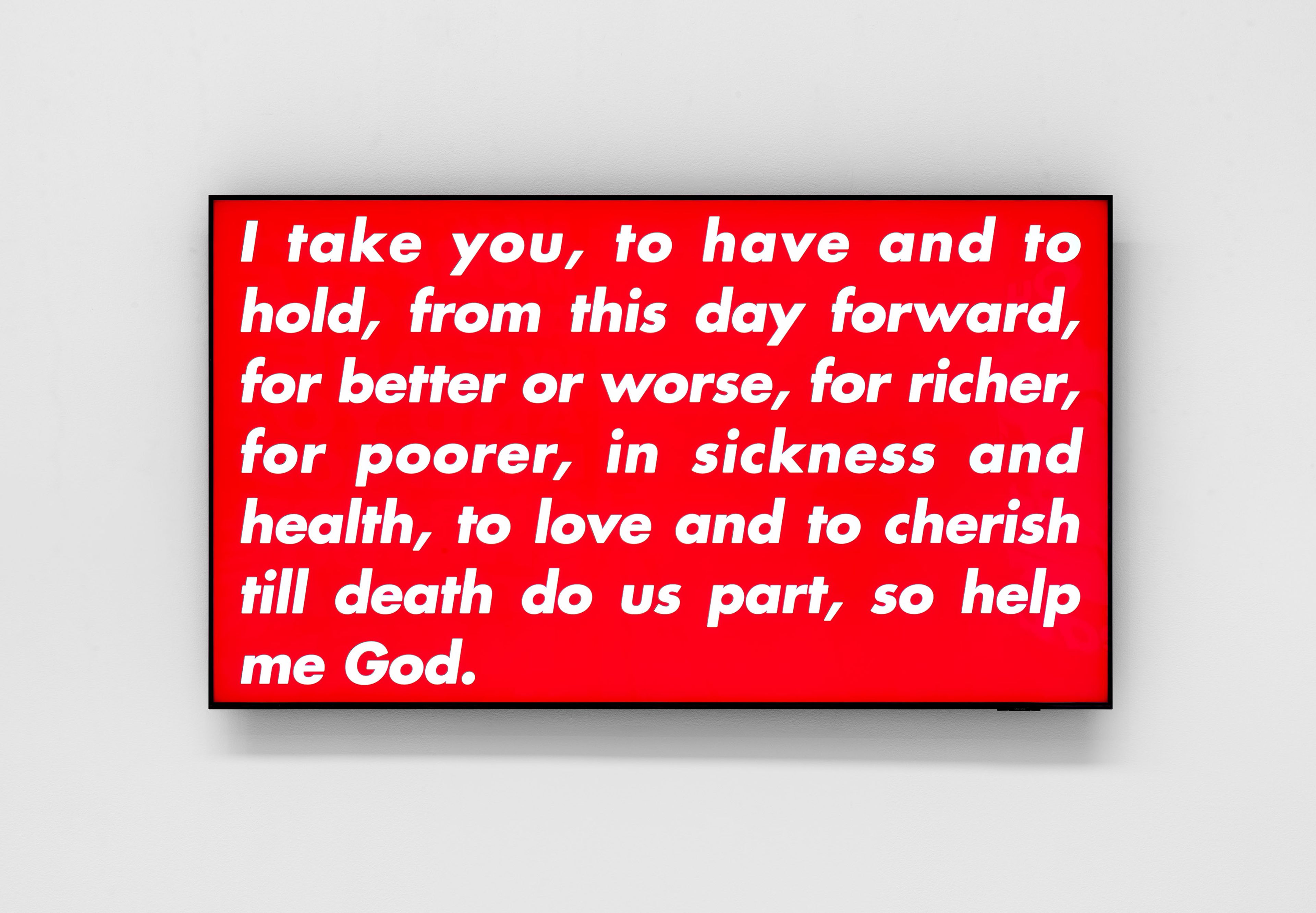 A three-channel video installation by Barbara Kruger, titled Pledge, Will, Vow, dated in 1988 and 2020.
