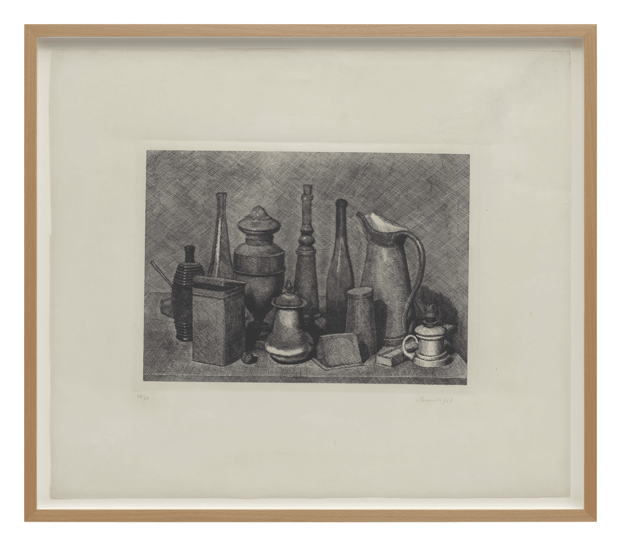 An etching on paper by Giorgio Morandi, titled Grande natura morta con la lampada a destra (Large still life with the lamp on the right), dated 1942.