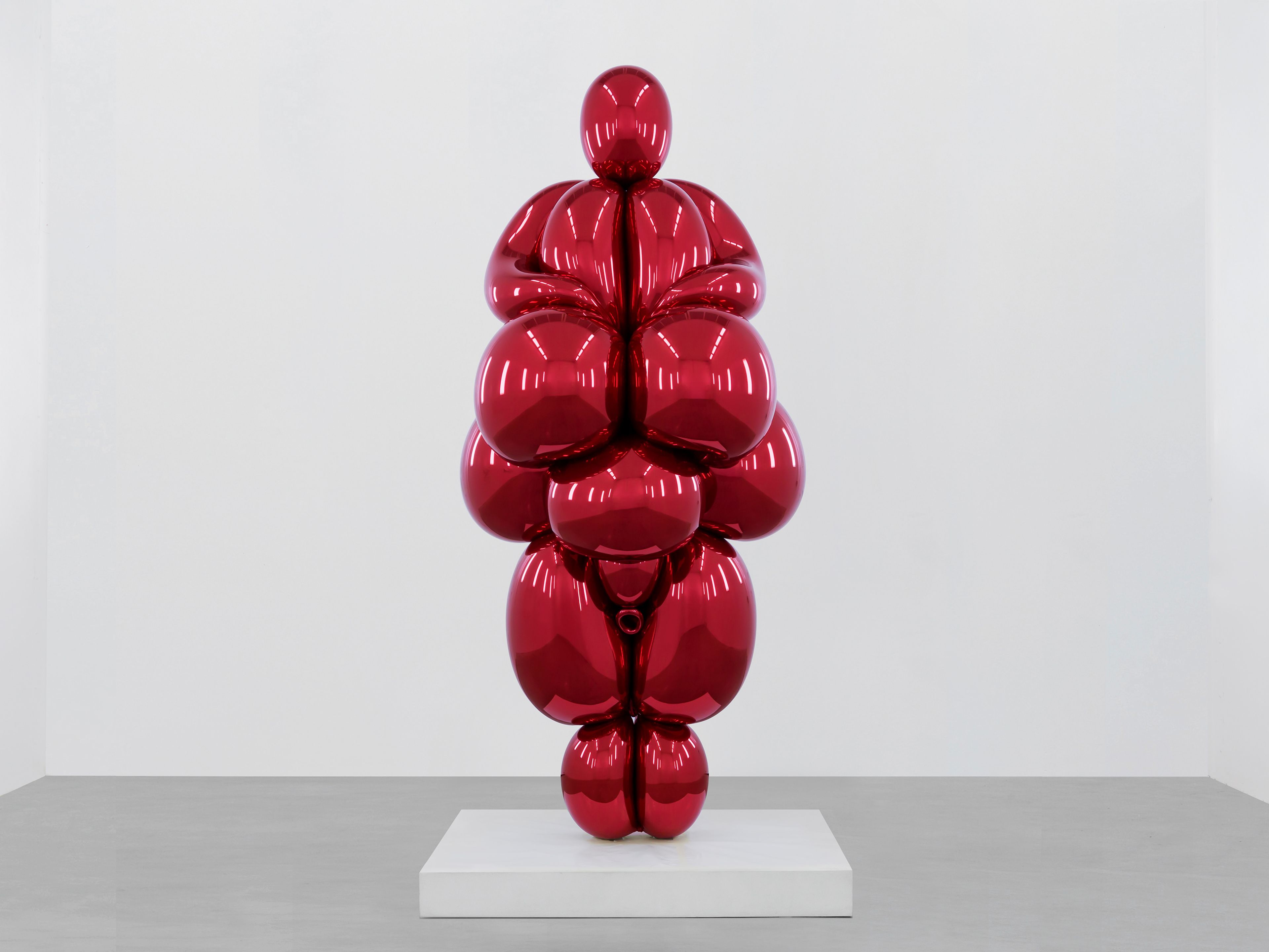 A sculpture by Jeff Koons, titled Balloon Venus Lespugue (Red), dated 2013 to 2019.