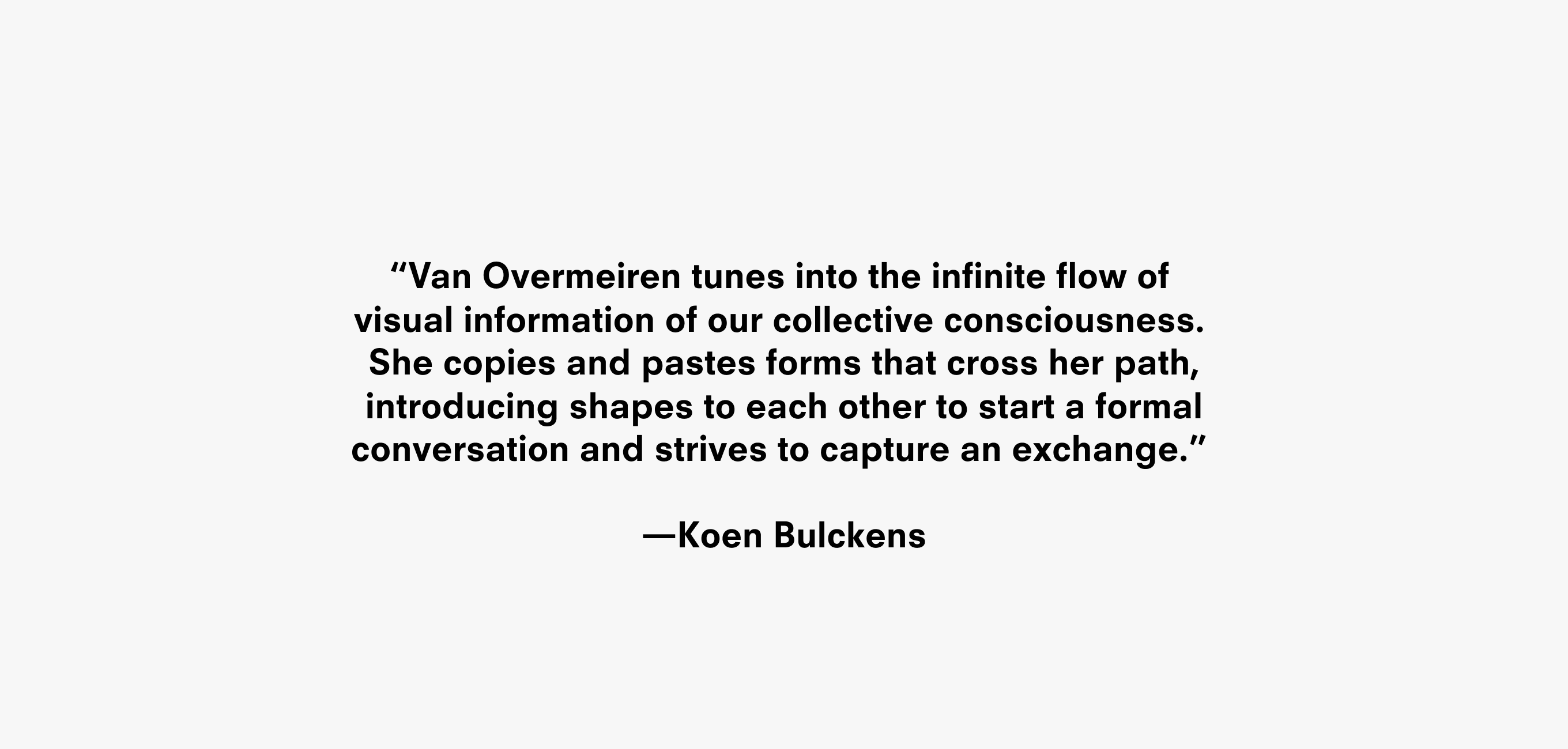 Text description reading “Van Overmeiren tunes into the infinite flow of visual information of our collective consciousness. She copies and pastes forms that cross her path, introducing shapes to each other to start a formal conversation and strives to capture an exchange.” ⏤Koen Bulckens