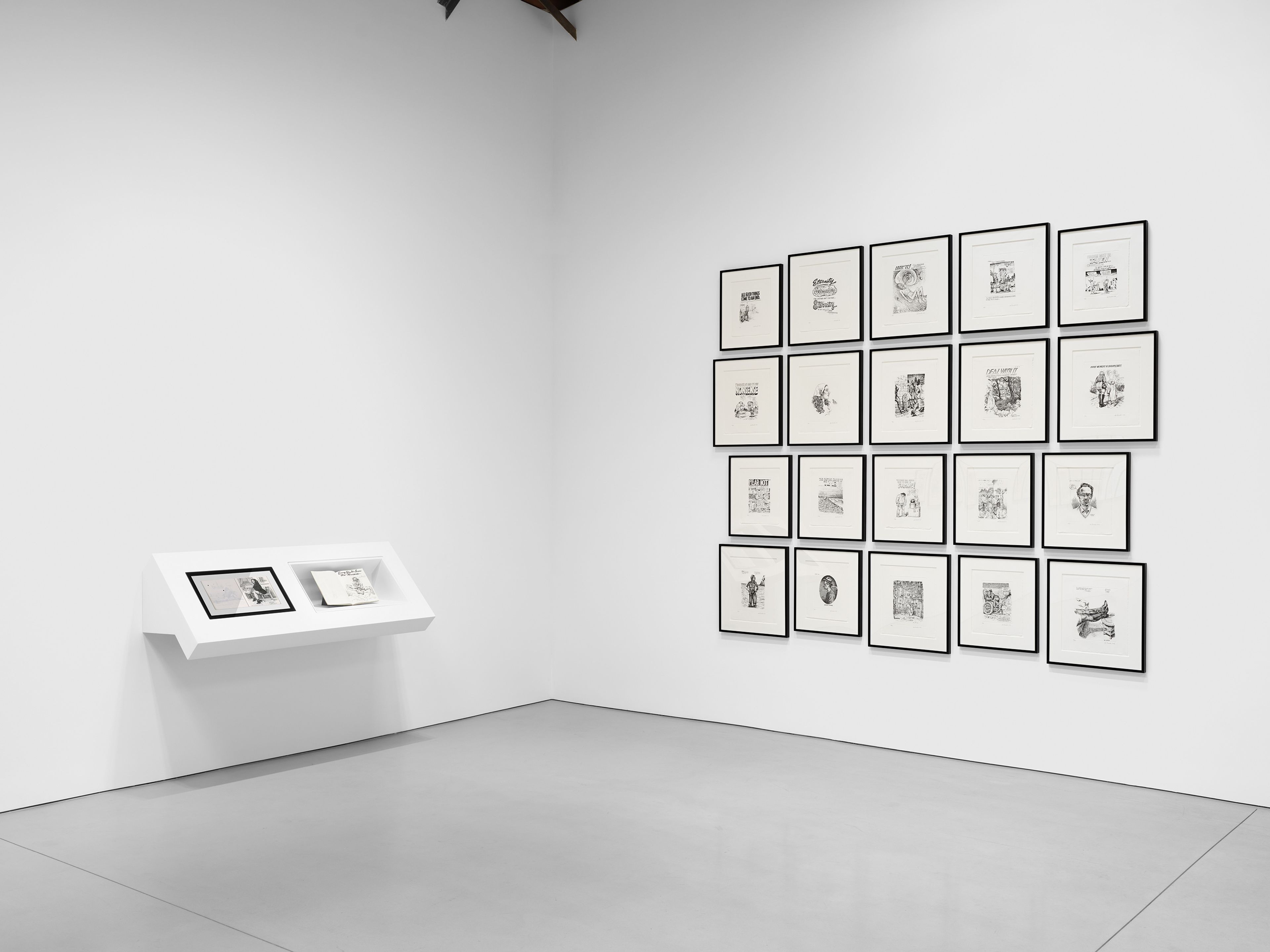 An installation view of the exhibition, R. Crumb: Tales of Paranoia, at David Zwirner in Los Angeles, dated 2025.