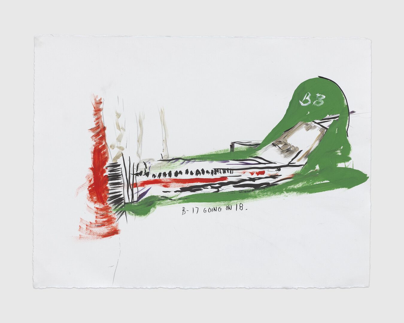 An acrylic and graphite drawing on paper by Raymond Pettibon, titled No Title (B-17 going on...), dated 2020.