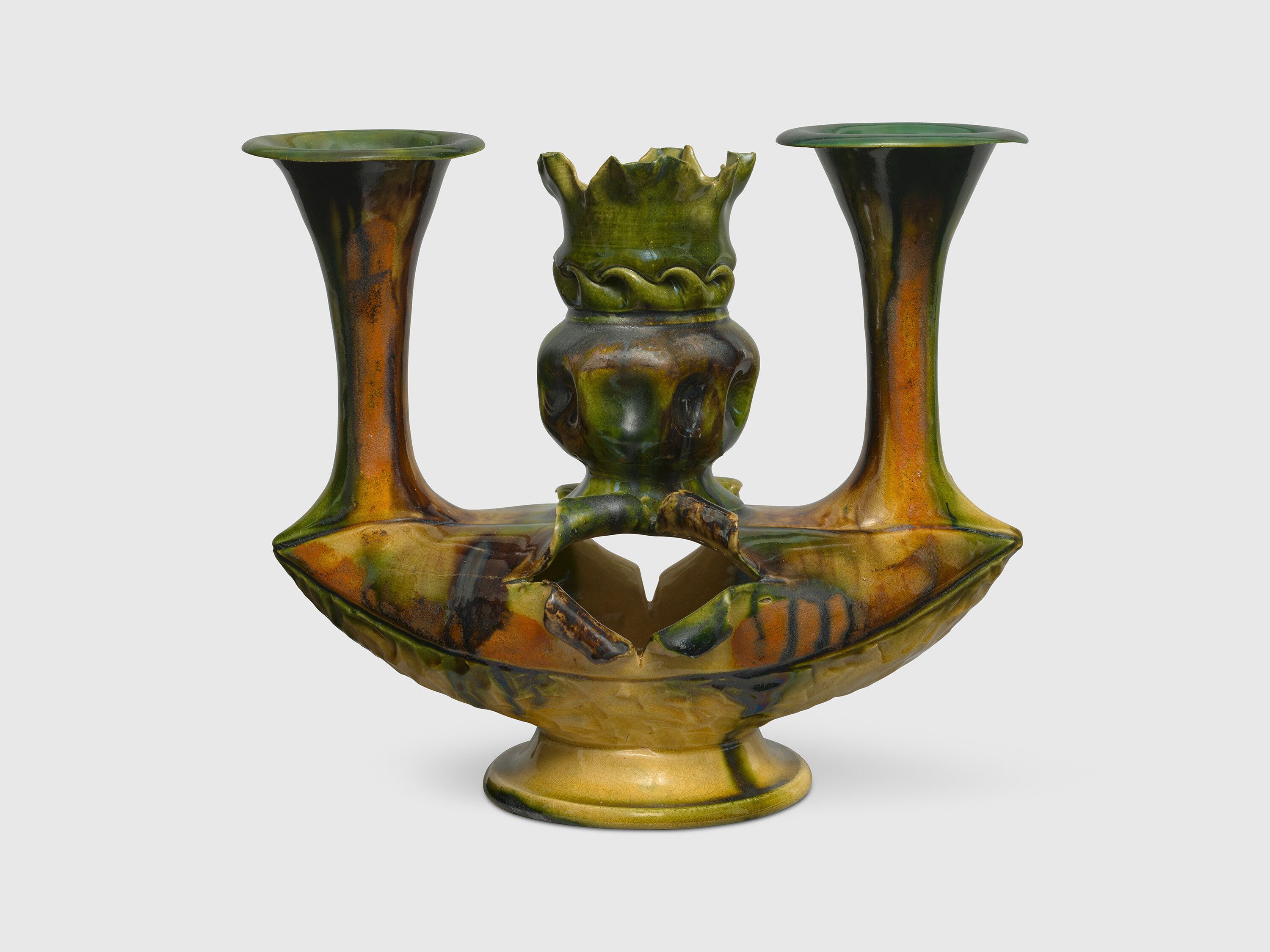 A sculpture by George Ohr, titled Double trumpet vase, dated circa 1898.